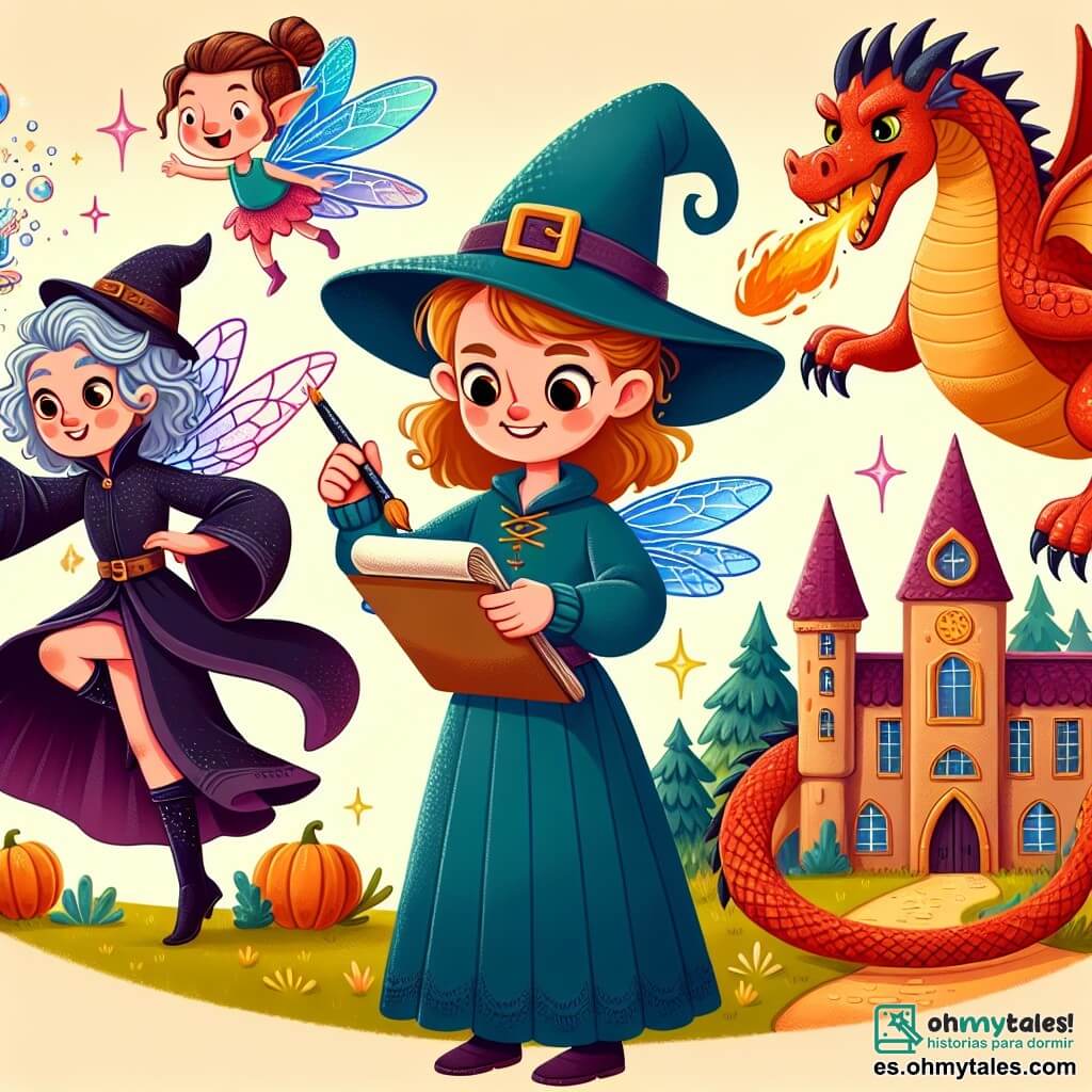 Une illustration destinée aux enfants représentant une apprentie sorcière, une fée espiègle, un dragon de feu et une école de magie enchantée, où se déroulent des aventures fantastiques et des leçons de sorcellerie.