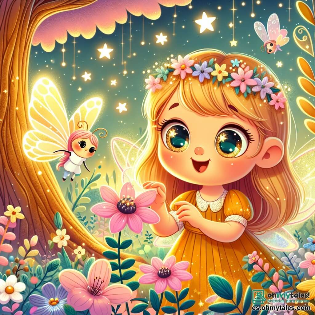 Une illustration destinée aux enfants représentant une petite fille aux yeux brillants qui découvre une mariposa mágica parmi les fleurs, accompagnée d'un Hada de las Estrellas lumineux, dans un Bosque de los Sueños enchanté avec un arbre gigante aux feuilles dorées.