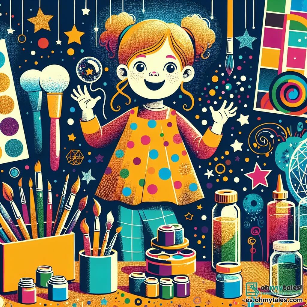 Une illustration destinée aux enfants représentant une petite fille créative et espiègle préparant une surprise pour son papa, avec l'aide complice de sa maman, dans une chambre colorée remplie de peintures, pinceaux et brillantina.