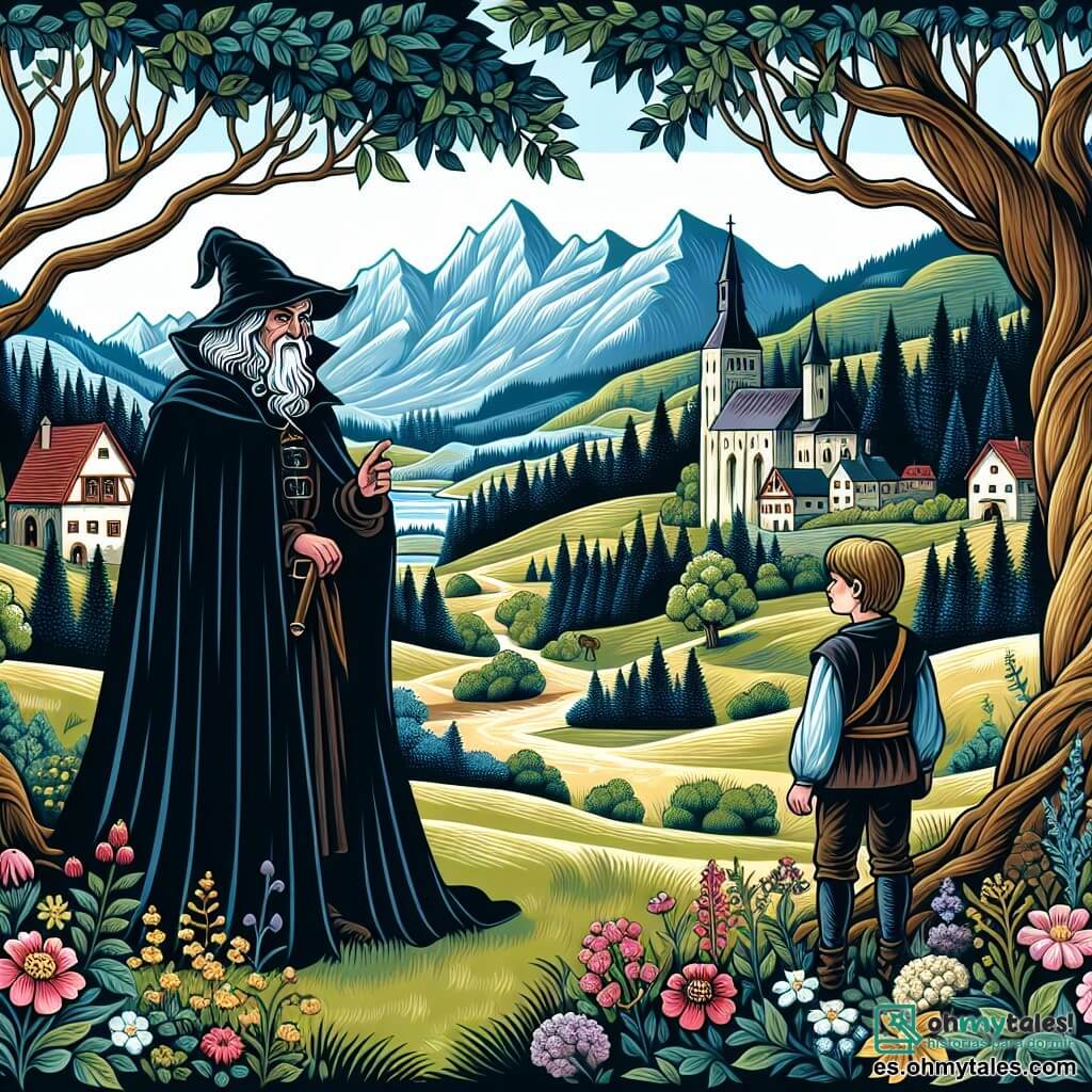 Une illustration destinée aux enfants représentant un homme mystérieux, vêtu d'une cape noire, se tenant dans un ancien bosquet enchanté, accompagné d'un jeune garçon curieux, dans un village pittoresque entouré de montagnes, où les arbres majestueux et les fleurs sauvages embaument l'air.