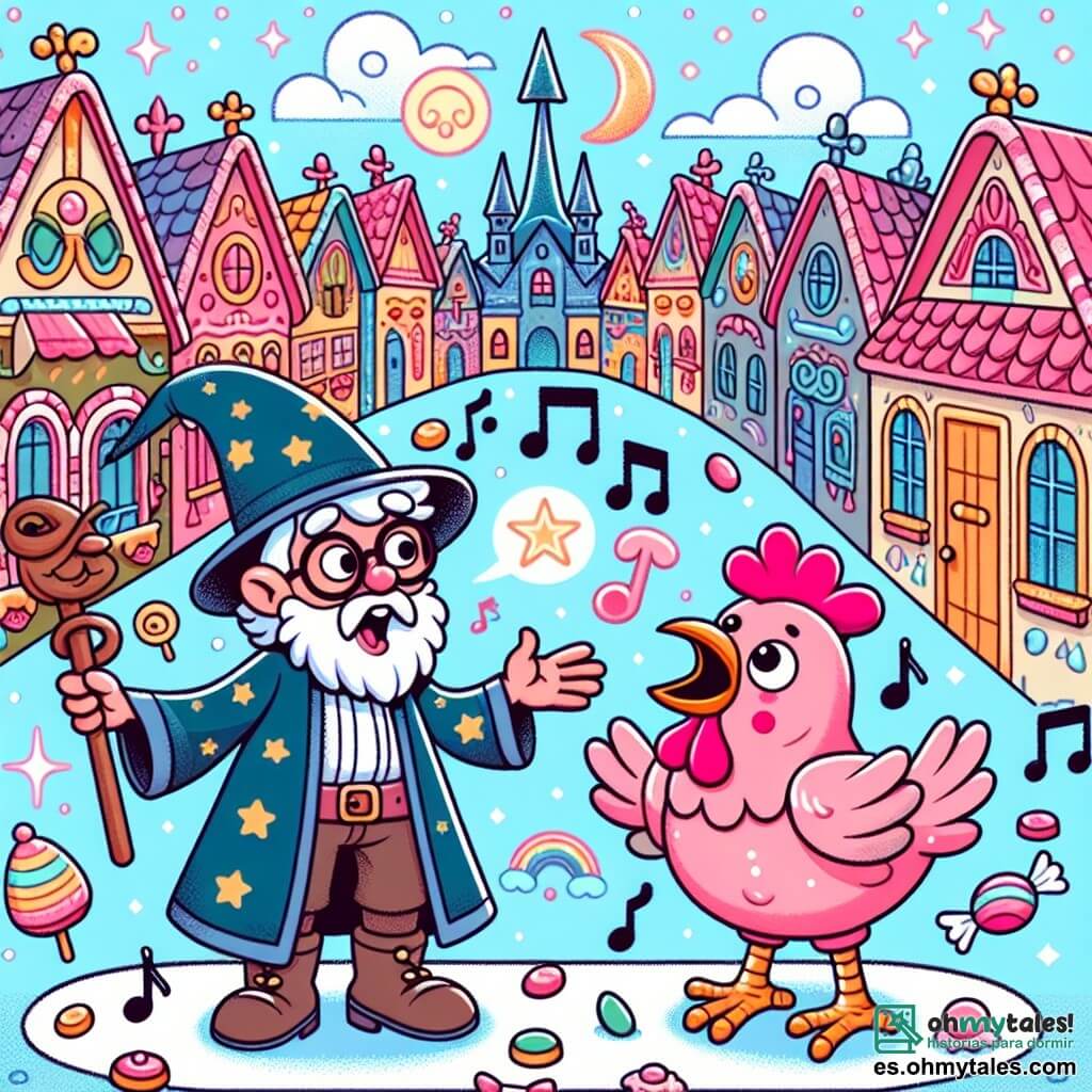 Une illustration destinée aux enfants représentant un sorcier étourdi participant à un concours de magie, accompagné d'un pollo rose chantant de l'opéra, dans le village magique d'Encantoluna, où les maisons sont faites de bonbons et les rues brillent de mille couleurs.