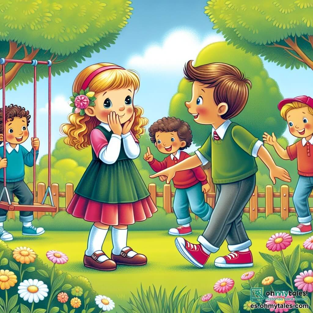 Une illustration destinée aux enfants représentant une petite fille timide confrontée à un enfant plus âgé qui la taquine, entourés de joyeux amis, dans un charmant parc verdoyant avec des balançoires colorées et des arbres en fleur.