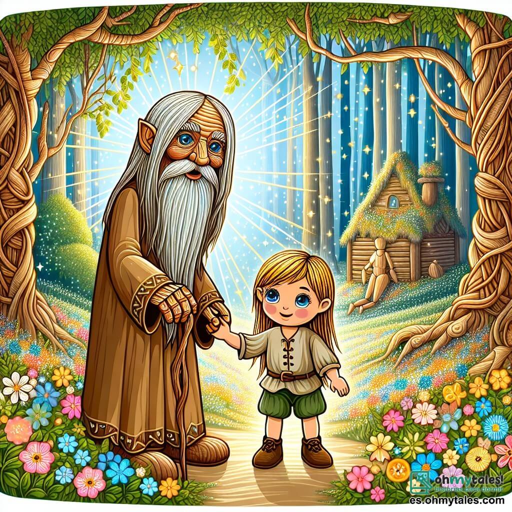 Une illustration destinée aux enfants représentant un petit garçon de bois aux yeux brillants et à la longue chevelure dorée, se tenant aux côtés d'un sage vieil homme aux mains noueuses, dans un charmant village niché au cœur d'une forêt enchantée aux arbres majestueux et aux fleurs multicolores.