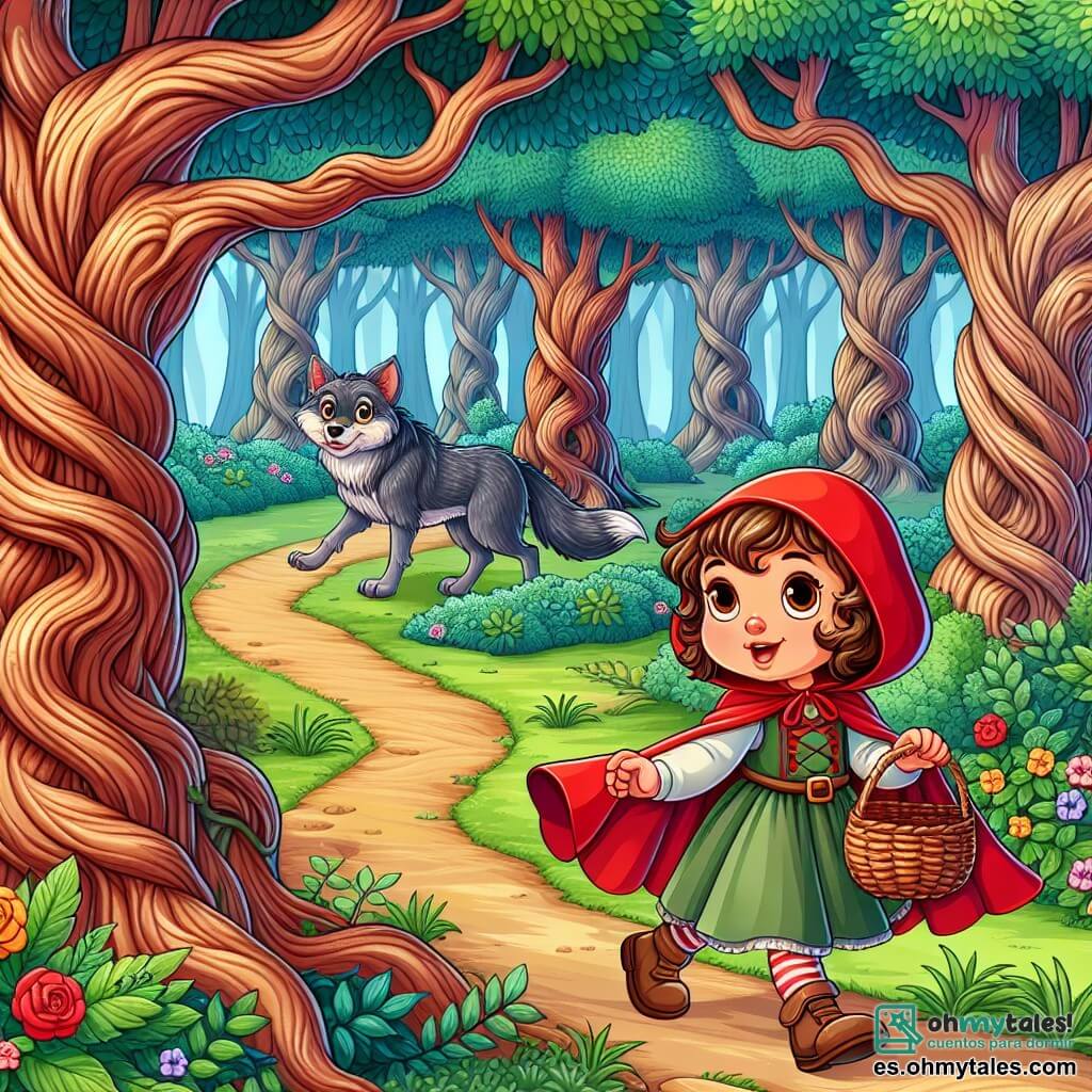 Une illustration sous forme de dessin destinée aux enfants représentant une forêt enchantée avec de grands arbres aux troncs noueux et des fleurs colorées, où une petite fille courageuse portant une cape rouge éclatante et un panier en osier explore le chemin sinueux, tandis qu'un loup au pelage gris, aux yeux malicieux, l'observe derrière un buisson, créant une atmosphère à la fois magique et légèrement inquiétante, symbolisant l'aventure et le choix entre la curiosité et la prudence.