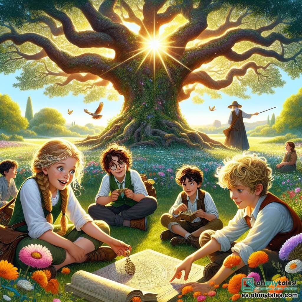 Ilustración que representa un parque soleado, con un gran roble majestuoso en el centro, sus ramas extendidas como brazos acogedores, rodeado de flores coloridas que bailan al compás del viento. En primer plano, un niño de 11 años, con cabello rizado y ojos brillantes de curiosidad, está agachado, sosteniendo una pequeña medalla brillante en sus manos, su rostro iluminado por la emoción del descubrimiento. A su lado, una niña de 10 años, con cabello largo y trenzado, observa atentamente la medalla, su expresión decidida y su mirada viva. Otro niño, de 11 años, con gafas y una sonrisa traviesa, señala una carta antigua que sostiene, listo para guiar a sus amigos hacia su próxima aventura. La escena irradia una atmósfera de exploración y camaradería, con rayos de sol filtrándose a través de las hojas del roble y pájaros cantando alegremente en el cielo azul.