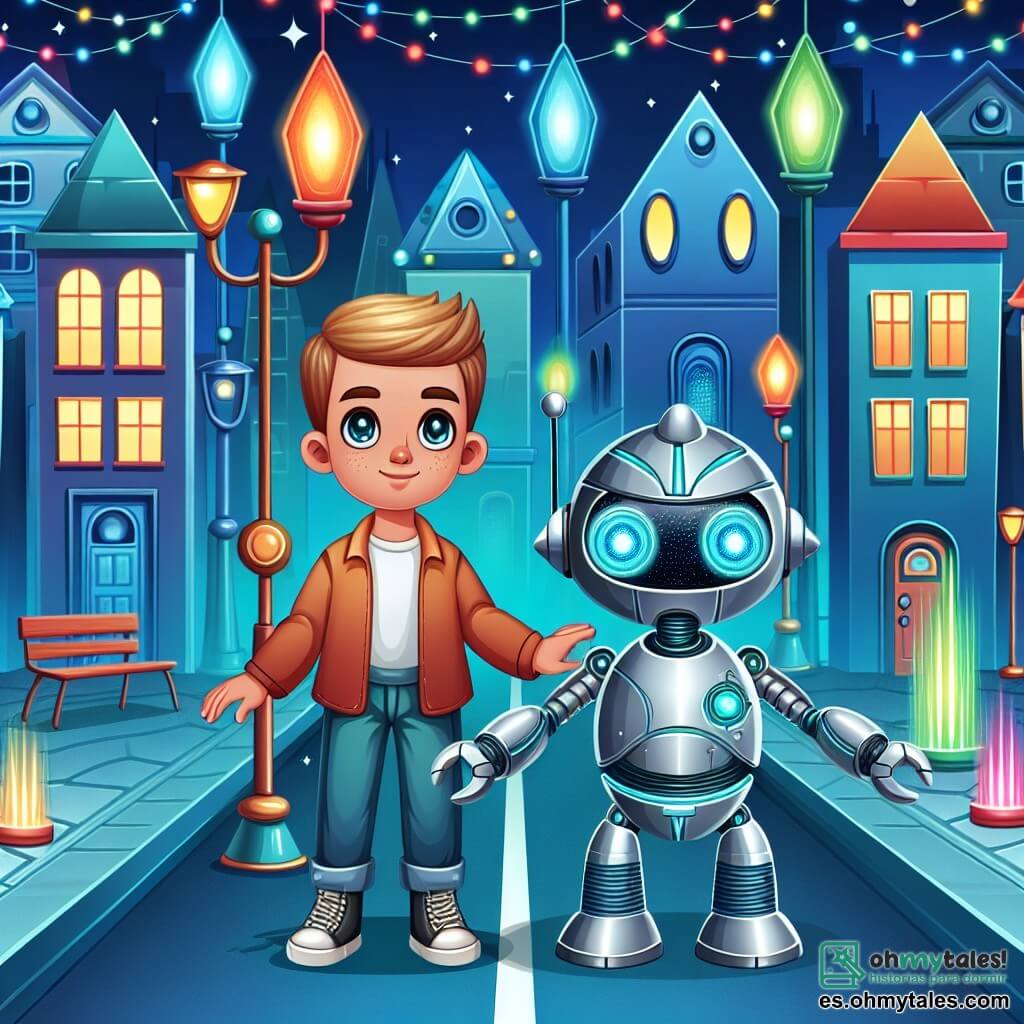 Une illustration destinée aux enfants représentant un jeune garçon courageux se retrouvant dans un royaume technologique futuriste, accompagné de créatures métalliques aux yeux brillants, dans un décor de rues illuminées par des lampadaires changeants de couleur et de maisons aux portes s'ouvrant d'un simple effleurement.
