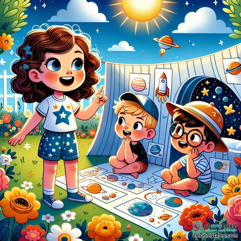 Une illustration sous forme de dessin destinée aux enfants représentant un jardin ensoleillé avec des fleurs colorées et un ciel bleu, où une jeune fille aux cheveux bruns et bouclés, portant un t-shirt avec des étoiles et un short, explique avec enthousiasme à ses amis, un garçon aux lunettes et un autre garçon avec une casquette, comment devenir astronautes en jouant dans une station spatiale improvisée faite de draps et de coussins, entourés de dessins de planètes et de fusées, capturant l'esprit d'aventure et de curiosité de l'exploration spatiale.