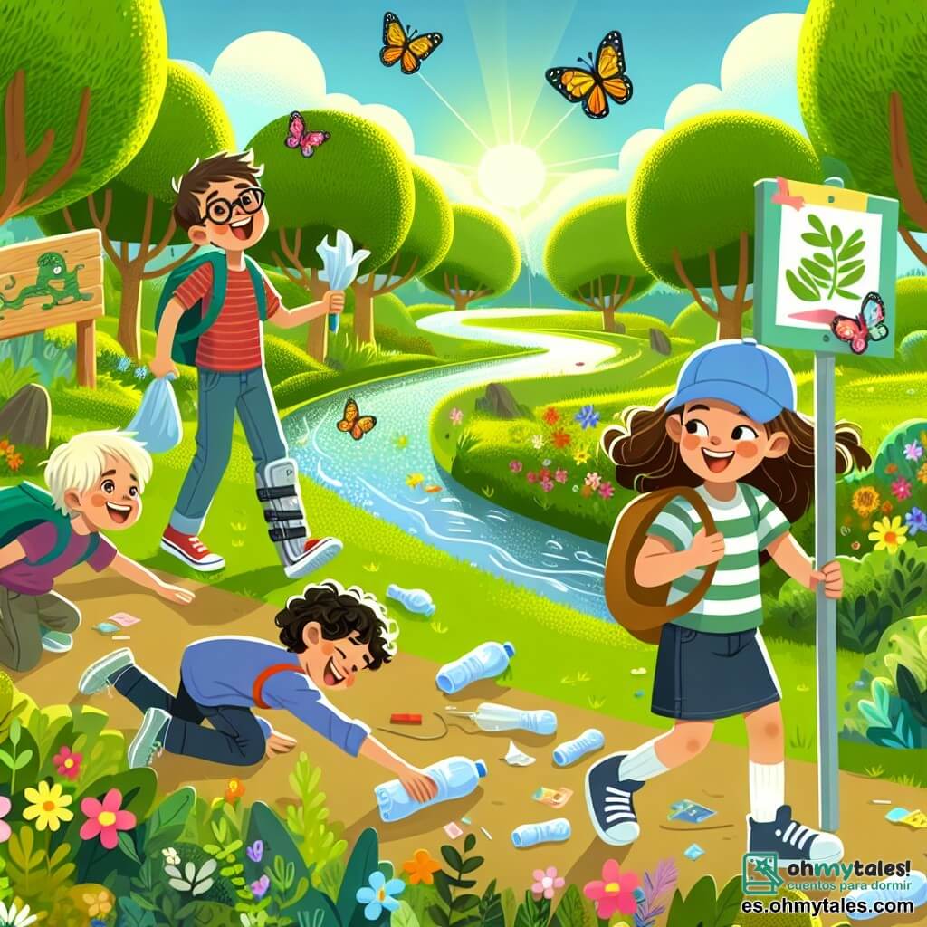 Ilustración que representa un parque verde bañado por la luz del sol, con grandes árboles de hojas de un verde brillante, flores coloridas que bailan al viento y un pequeño arroyo centelleante que serpentea por el paisaje. En primer plano, una niña de unos 10 años, con largos cabellos castaños y gafas, sonríe alegremente mientras sostiene un gran cartel colorido con un animal en peligro dibujado. A su lado, un niño de 9 años, con una gorra azul y una camiseta a rayas, se agacha para recoger una botella de plástico, mostrando una expresión decidida. Al fondo, un niño de 11 años, usando muletas, muestra orgullosamente una bolsa llena de basura que ha recogido, mientras que otra niña de 10 años, con cabello rizado y un cuaderno de bocetos, dibuja mariposas que vuelan a su alrededor. La escena captura el espíritu de camaradería y compromiso de los niños, todos unidos en su misión de limpiar el parque y proteger la naturaleza, con risas y gestos entusiastas que ilustran su alegría de contribuir a un mundo mejor.
