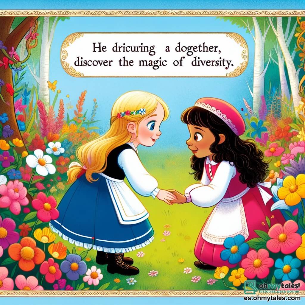 Une illustration destinée aux enfants représentant une jeune fille curieuse et aventureuse, rencontrant un nouveau camarade de jeu dans un parc rempli de fleurs colorées, où ils découvrent ensemble la magie de la diversité.