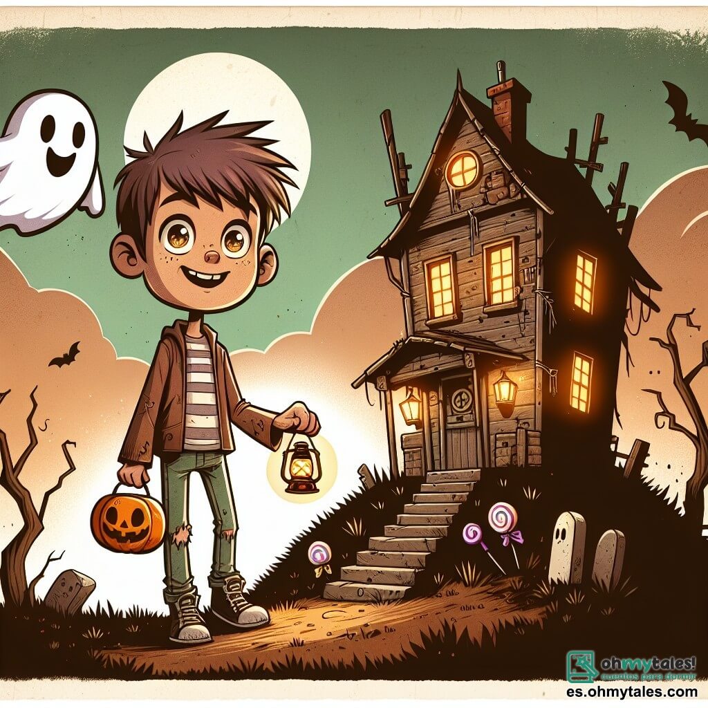 Une illustration sous forme de dessin destinée aux enfants représentant une vieille maison hantée au sommet d'une colline, avec des murs en bois usés et des fenêtres poussiéreuses, où un garçon de 11 ans, aux cheveux ébouriffés et aux yeux pétillants, se tient courageusement à l'entrée, une lanterne à la main et un bonbon dans l'autre, tandis qu'un petit fantôme adorable, avec de grands yeux ronds et un sourire timide, flotte à ses côtés, tous deux prêts à explorer ensemble les mystères de la maison pour découvrir le trésor d'Halloween.