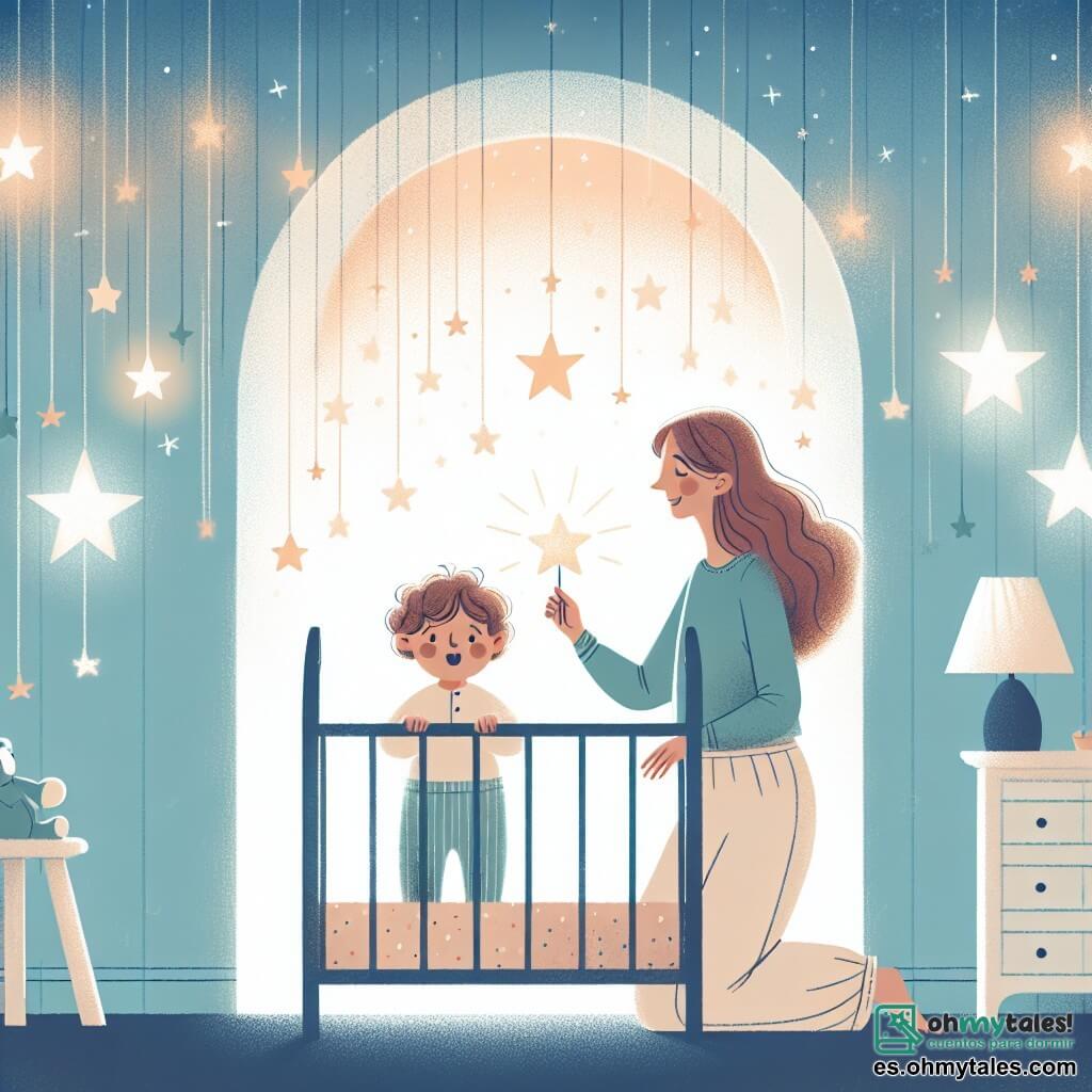 Une illustration sous forme de dessin destinée aux enfants représentant une chambre chaleureuse et douillette, avec des murs peints en bleu pastel et des étoiles scintillantes au plafond, où un petit garçon d'environ un an, avec des cheveux bouclés et des yeux ronds, se tient debout dans son lit, tenant une douce étoile lumineuse, tandis que sa maman, une femme souriante aux cheveux longs et bruns, s'agenouille à côté de lui, lui chantant une berceuse réconfortante, le tout baigné dans une lumière douce et apaisante, illustrant la magie de surmonter la peur du noir.
