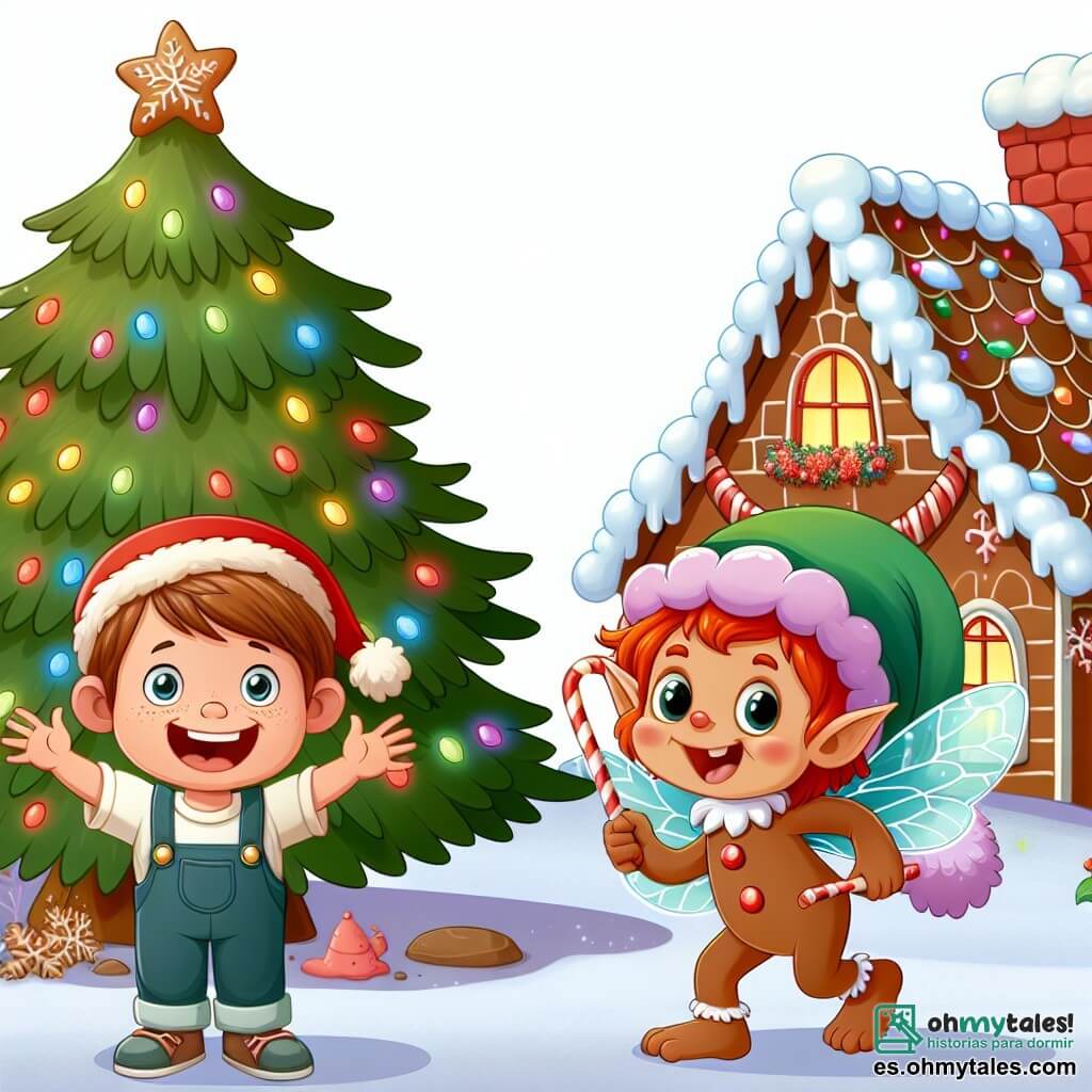 Une illustration destinée aux enfants représentant un petit garçon enthousiaste, un duende malicieux, un grand arbre de Noël scintillant de lumières colorées, et une maison en pain d'épice au toit en barbe à papa, dans la magique aldea de Santa Claus.