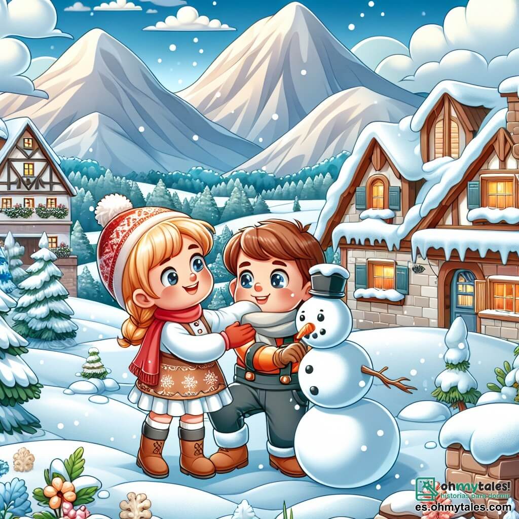 Une illustration destinée aux enfants représentant un petit garçon, plein de curiosité et d'aventure, découvrant la magie de l'hiver avec la neige qui recouvre un paisible village entouré de majestueuses montagnes, accompagné de sa fidèle amie Clara, où ils construisent un magnifique bonhomme de neige.