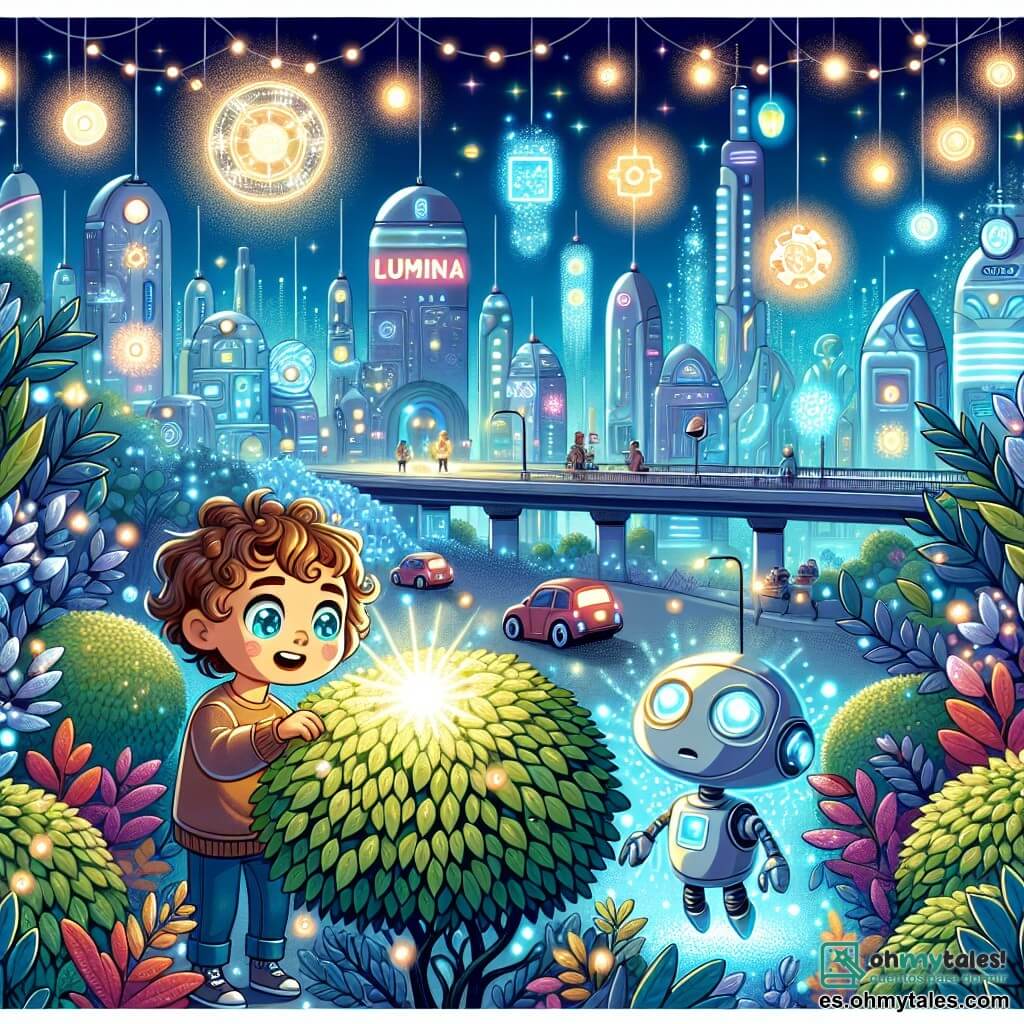 Une illustration sous forme de dessin destinée aux enfants représentant un parc flottant dans la ville futuriste de Lumina, avec des maisons en lévitation et des lumières scintillantes, où un garçon de 5 ans aux cheveux bouclés et aux yeux pétillants explore un arbuste aux feuilles argentées, découvrant un mystérieux panneau lumineux, tandis qu'un robot amical, avec une apparence brillante et des yeux doux, l'observe avec curiosité, le tout baigné dans une ambiance magique et colorée, évoquant l'émerveillement et l'aventure.