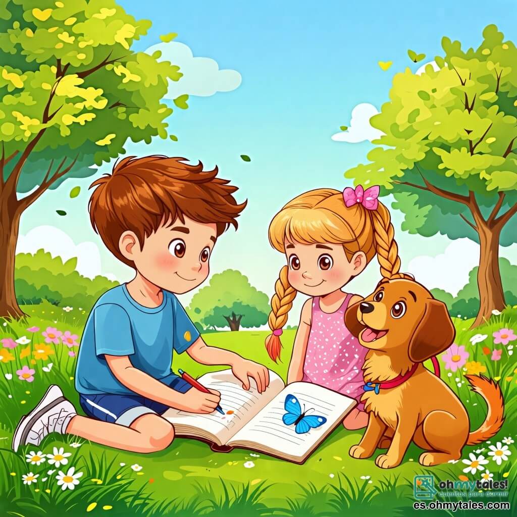 Une illustration sous forme de dessin destinée aux enfants représentant un parc vibrant de couleurs printanières, avec des arbres en fleurs et des herbes verdoyantes, où un garçon de 10 ans aux cheveux châtains et aux yeux pétillants, vêtu d'un t-shirt bleu et de shorts, est assis sur l'herbe en train de dessiner une mariposa sur son carnet, tandis qu'une fille de son âge, avec de longs cheveux blonds tressés et une robe rose, joue joyeusement avec un chien marron, créant une atmosphère de camaraderie et d'aventure au cœur de la nature.