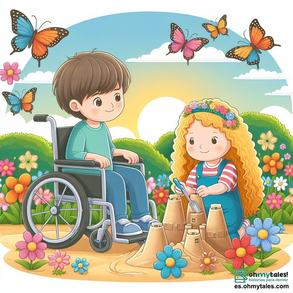 Une illustration destinée aux enfants représentant un garçon assis dans une silla de ruedas, faisant des châteaux de sable avec une fille aux cheveux bouclés dans un parc ensoleillé, rempli de fleurs colorées et de papillons virevoltants.