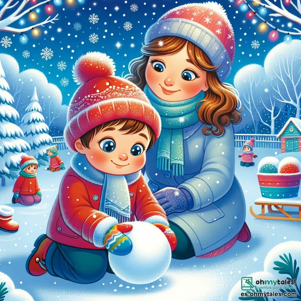 Ilustración que representa un parque invernal mágico, cubierto por una gruesa capa de nieve brillante bajo un cielo azul claro. En el centro, un niño de aproximadamente un año, con mejillas sonrosadas y cabello rizado castaño, lleva un abrigo rojo vivo, un gorro de lana y guantes coloridos. Está haciendo una bola de nieve, con ojos brillantes de alegría y una gran sonrisa en su rostro. A su lado, una madre de unos treinta años, con cabello largo y castaño, vestida con un abrigo azul y una bufanda, lo observa con ternura mientras lo anima. La escena muestra al niño concentrado en su tarea, mientras copos de nieve caen suavemente a su alrededor, creando una atmósfera mágica. Árboles con ramas cargadas de nieve bordean el parque, y un trineo colorido es visible al fondo, listo para nuevas aventuras.