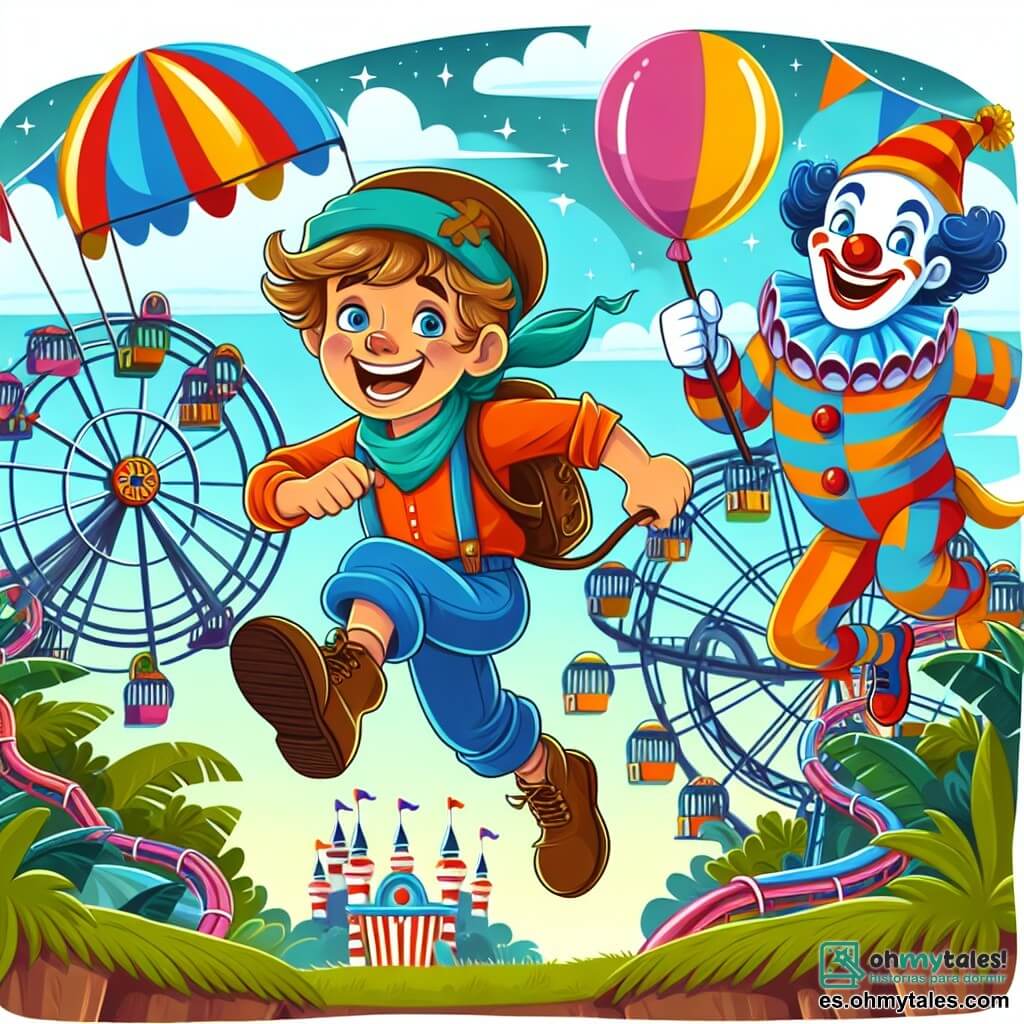 Une illustration destinée aux enfants représentant un garçon intrépide, un clown joyeux, et un parc d'attractions coloré et animé, où des défis impossibles se transforment en moments de rire et de magie.