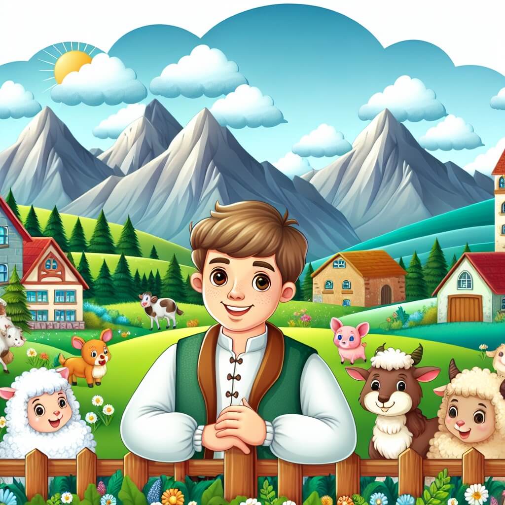 Une illustration destinée aux enfants représentant un homme souriant et chaleureux, entouré de champs verdoyants et d'animaux joyeux, dans un petit village pittoresque rempli de maisons colorées et de montagnes majestueuses en arrière-plan.