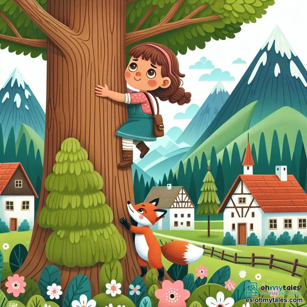 Une illustration destinée aux enfants représentant une jeune fille courageuse surmontant ses peurs en grimpant au sommet d'un grand arbre, aidée par un petit renard, dans un village entouré de montagnes verdoyantes et de champs fleuris.
