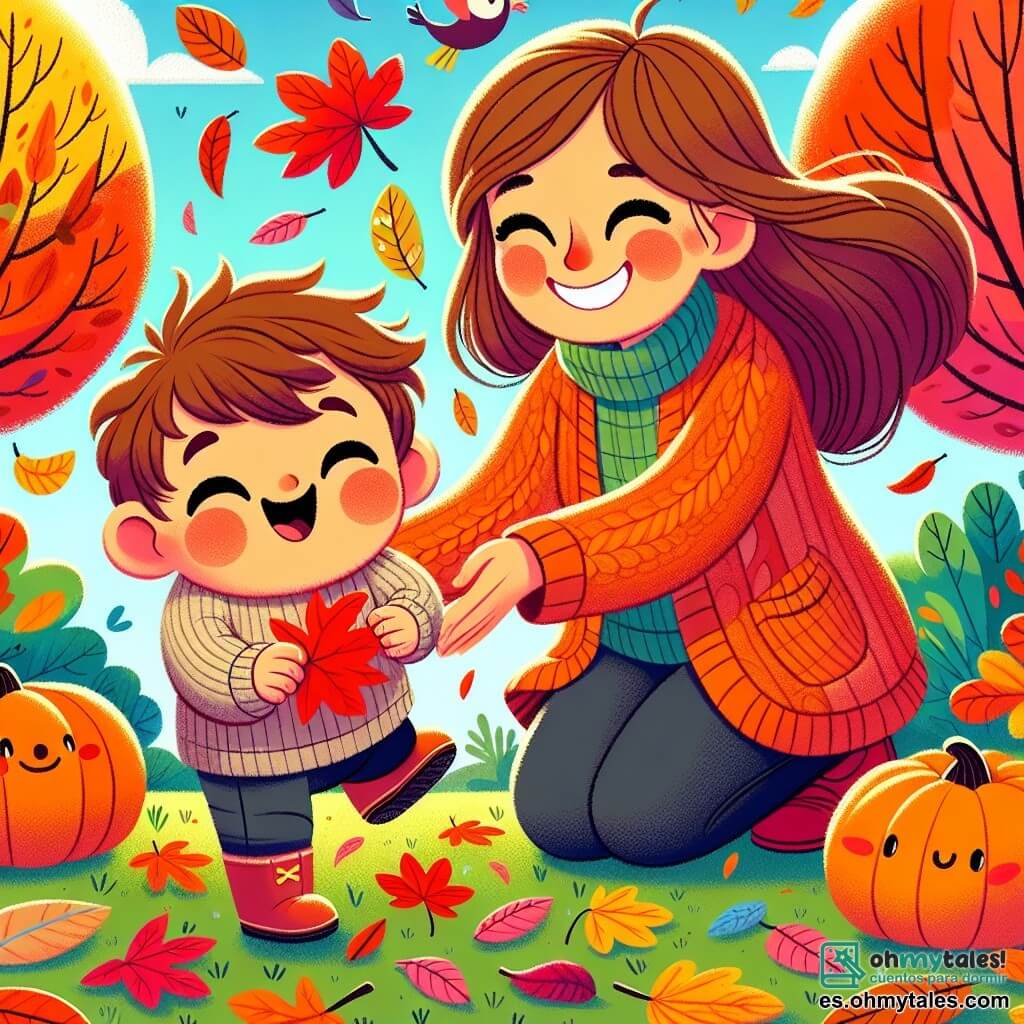 Ilustración que representa un jardín en otoño, lleno de hojas de colores vivos: rojas, amarillas y naranjas, cayendo suavemente de los árboles. En el centro, un niño de 1 año, con cabello castaño desordenado y mejillas redondas, sonríe alegremente mientras sostiene una gran hoja roja en sus pequeñas manos. A su lado, una mujer de unos 30 años, con cabello largo y castaño, vestida con un suéter cómodo, se agacha para recoger otra hoja, compartiendo un momento cómplice con el niño. La escena irradia una atmósfera cálida y alegre, con calabazas naranjas y redondas esparcidas por el suelo y un cielo azul claro de fondo. Pájaros coloridos vuelan por encima, añadiendo un toque de vida a este cuadro otoñal.