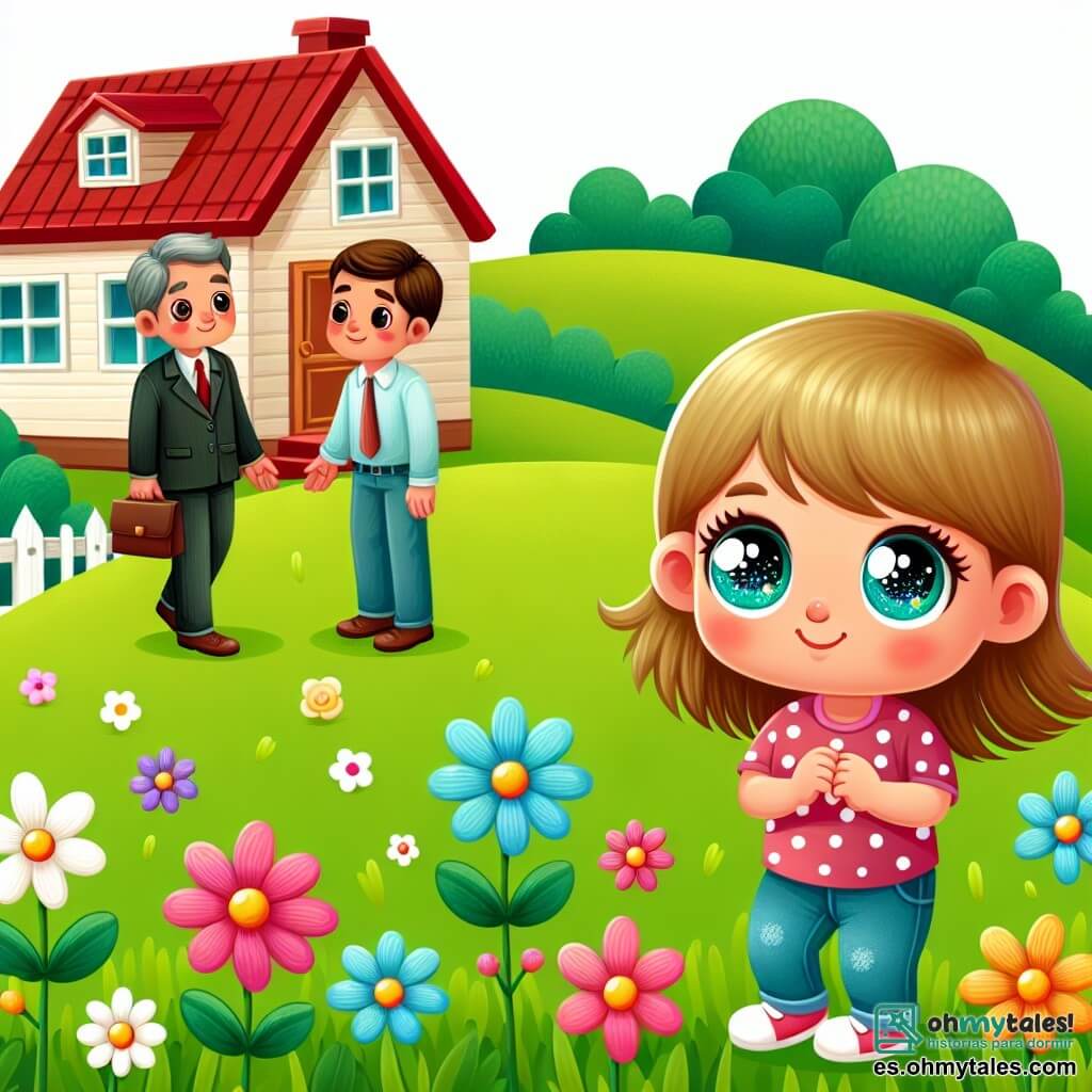 Une illustration destinée aux enfants représentant une petite fille aux yeux pétillants, se tenant sur une colline verdoyante parsemée de fleurs colorées, tandis qu'elle observe avec curiosité ses parents discuter près d'une maison en bois au toit rouge.