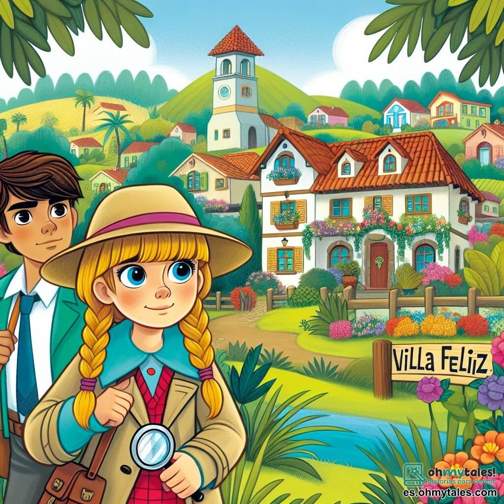 Une illustration destinée aux enfants représentant une jeune fille courageuse, une enquête mystérieuse, un ami garçon nommé Lucas et le pittoresque village de Villa Feliz avec ses maisons colorées et ses jardins fleuris.