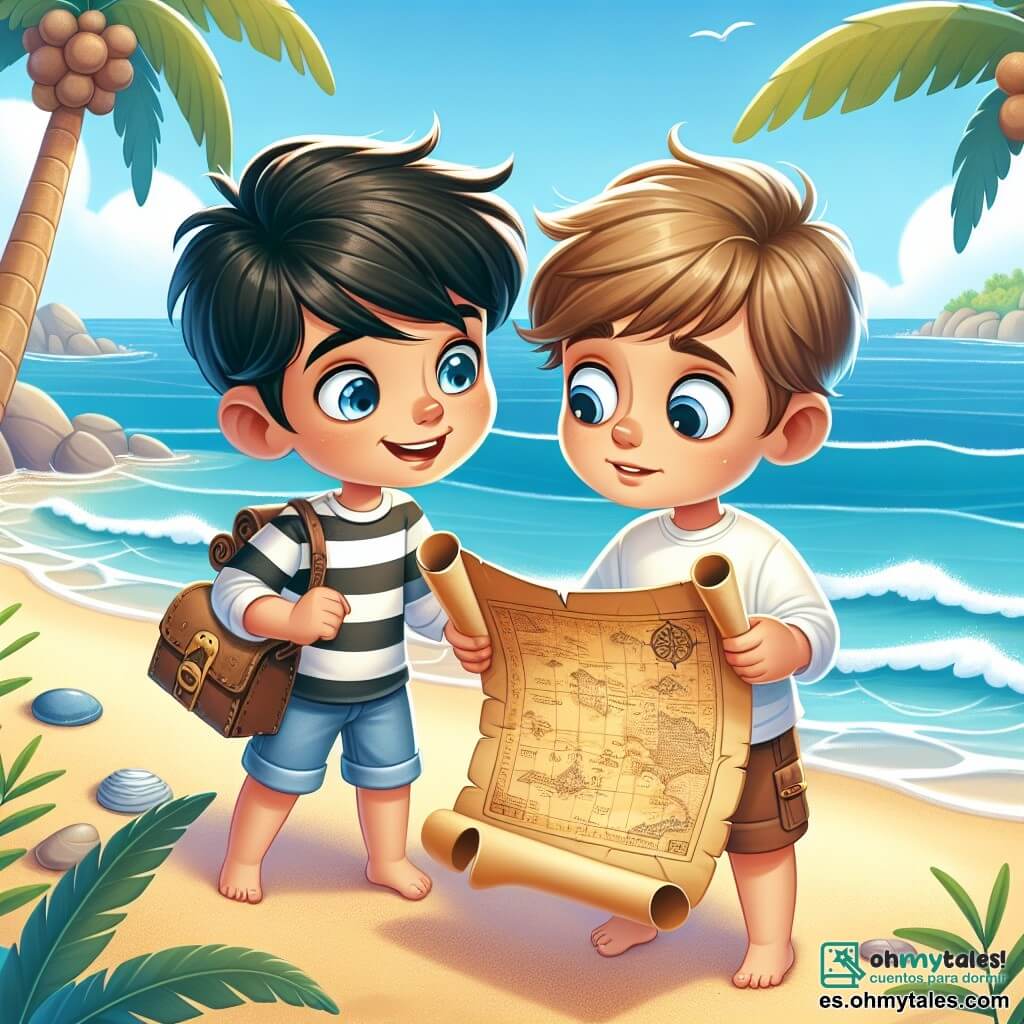 Une illustration sous forme de dessin destinée aux enfants représentant une plage ensoleillée avec des vagues douces et des palmiers, où un jeune garçon aux cheveux bruns et aux yeux pétillants, vêtu d'un t-shirt rayé et de shorts, examine avec émerveillement un vieux parchemin trouvé dans le sable, tandis qu'à ses côtés, son meilleur ami, un garçon aux cheveux blonds et aux lunettes, observe attentivement le plan avec un regard curieux, tous deux prêts à partir à l'aventure pour découvrir le trésor caché sur l'île mystérieuse.