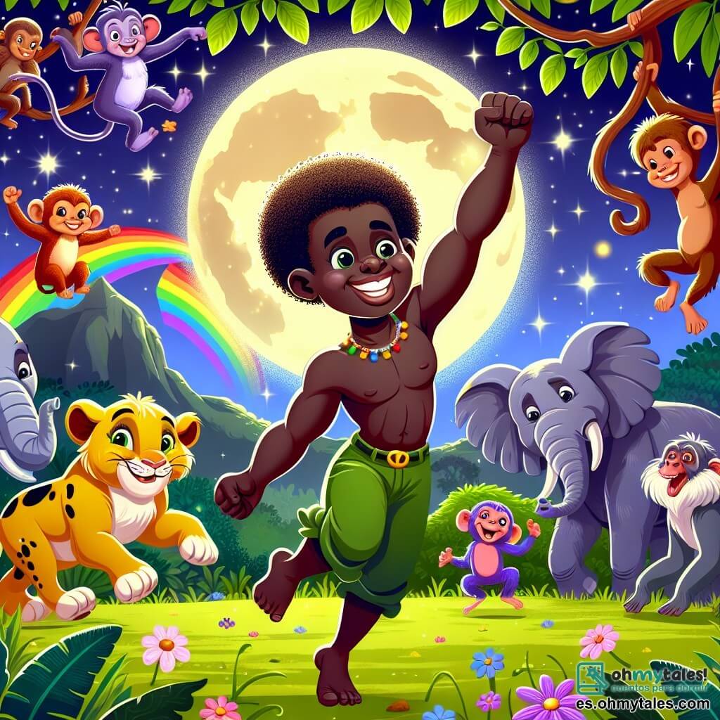 Une illustration sous forme de dessin destinée aux enfants représentant un clair de lune vibrant au cœur d'une jungle africaine, avec un homme fort et souriant, aux cheveux crépus et à la peau foncée, dansant joyeusement au milieu d'un groupe d'animaux colorés, dont un éléphant majestueux aux grandes oreilles et un petit singe espiègle accroché à une branche, célébrant ensemble la fête de l'harmonie, entourés de fleurs éclatantes et de lianes verdoyantes, tandis qu'un arc-en-ciel lumineux brille au-dessus d'eux, symbolisant l'unité et la joie de vivre en pleine nature.