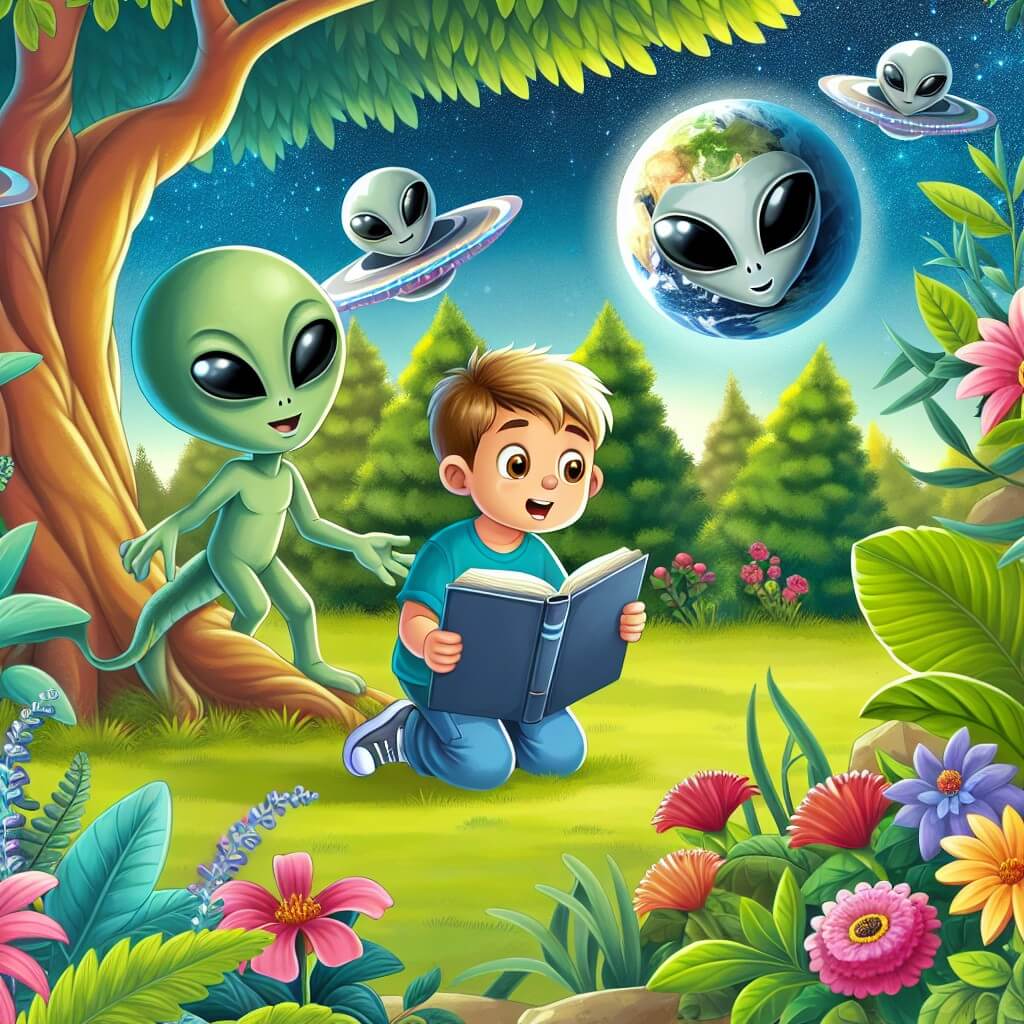 Une illustration destinée aux enfants représentant un jeune garçon curieux, découvrant un objet mystérieux dans son jardin, accompagné de sympathiques extraterrestres venus d'un lointain planète, dans un décor luxuriant de verdure, avec des arbres majestueux et des fleurs aux couleurs éclatantes.