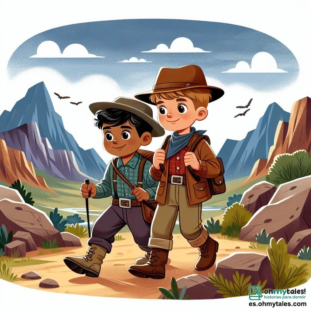 Une illustration destinée aux enfants représentant un jeune cow-boy courageux, accompagné de son fidèle ami, un garçon intrépide, partant à l'aventure à travers les collines rocheuses et les vastes plaines du sauvage ouest, à la recherche d'un mystérieux trésor caché.