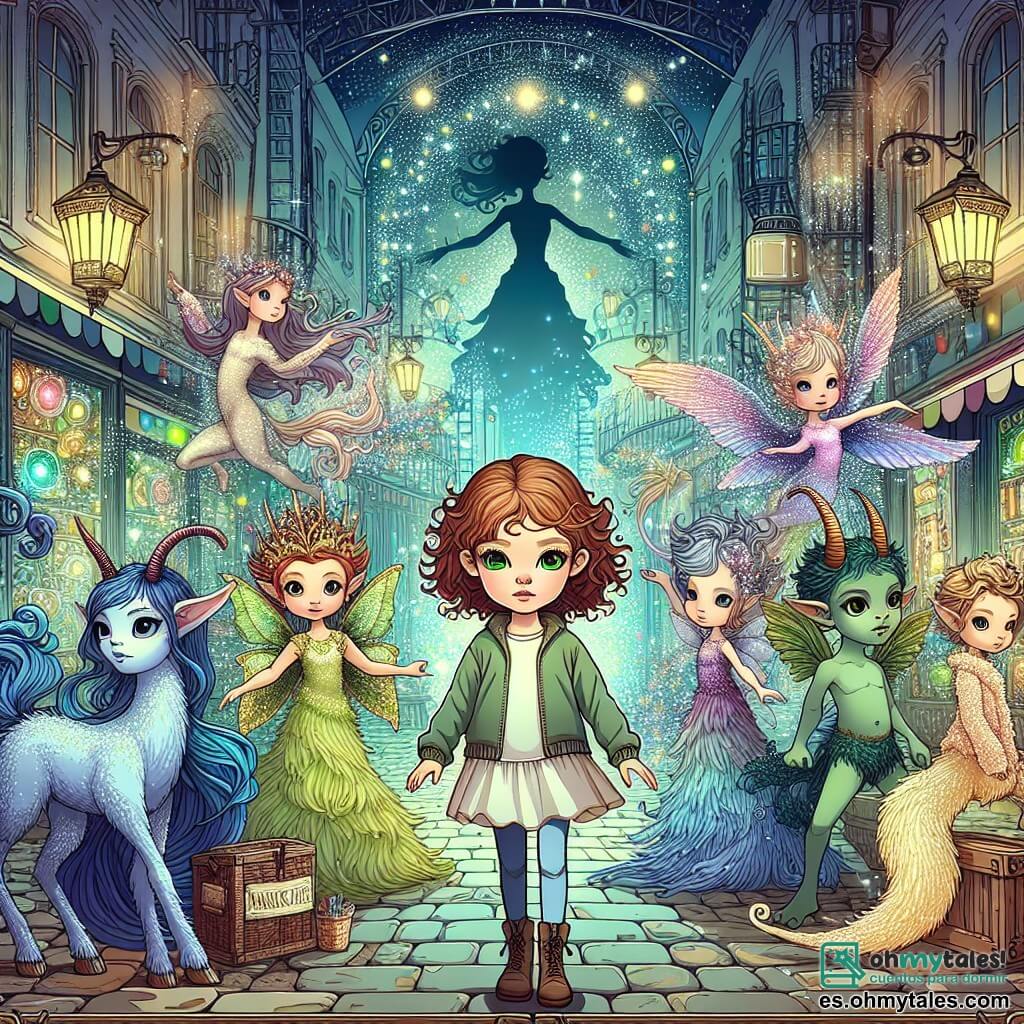 Une illustration sous forme de dessin destinée aux enfants représentant un mystérieux marché magique dans un alleyway urbain, avec des murs en briques recouverts de graffitis colorés, où une fille de 11 ans aux cheveux bouclés et aux yeux en jade, vêtue d'une robe simple mais colorée, se tient courageusement au centre, entourée de créatures fantastiques comme un jeune duende aux oreilles pointues et un centaure majestueux, tous unis pour faire face à une ombre menaçante qui émerge des ténèbres, tandis que des lumières scintillantes flottent autour d'eux, créant une atmosphère à la fois magique et pleine de tension.