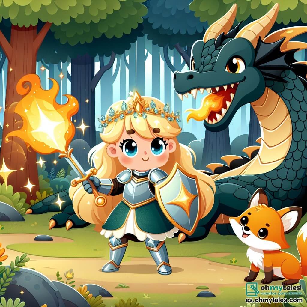 Une illustration sous forme de dessin destinée aux enfants représentant un clair de forêt enchanté, où une courageuse chevaleresse aux cheveux dorés et à l'armure scintillante brandit un brillant Escudo de la Luz, se tenant fermement face à un immense dragon aux écailles sombres qui crache des flammes, tandis qu'un petit zorro aux yeux malicieux l'observe avec admiration, prêt à l'aider dans cette bataille héroïque pour sauver leur village menacé par la créature magique.