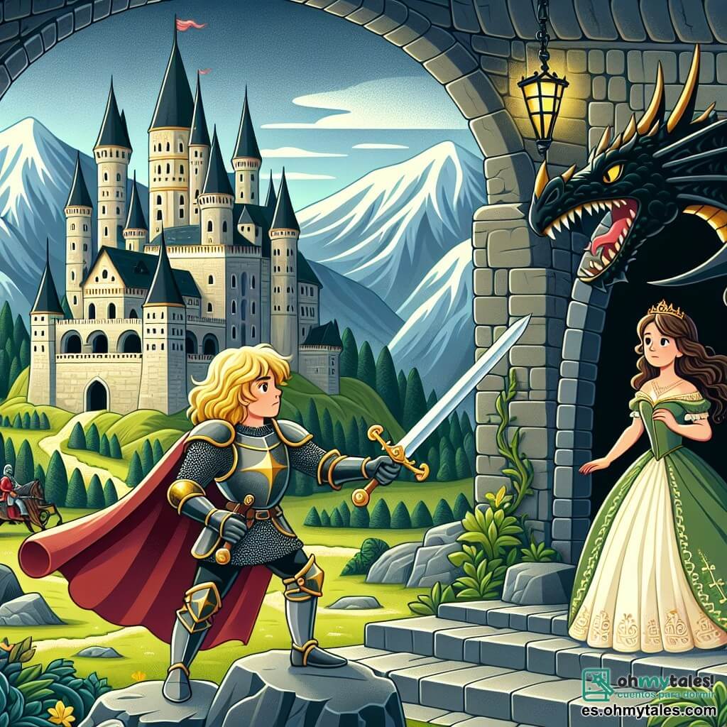 Une illustration sous forme de dessin destinée aux enfants représentant un majestueux château médiéval entouré de montagnes verdoyantes, avec un jeune chevalier aux cheveux dorés et à l'armure brillante, brandissant courageusement son épée tout en se tenant devant une caverne sombre, tandis qu'une princesse aux longs cheveux châtains, vêtue d'une robe élégante, l'observe avec admiration, alors qu'un dragon aux écailles noires rugit au fond de la caverne, créant une atmosphère de tension et d'aventure.