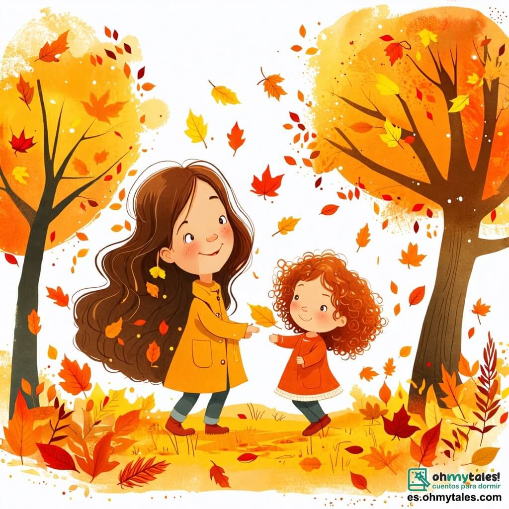 Une illustration sous forme de dessin destinée aux enfants représentant un parc d'automne avec des arbres aux feuilles jaunes et oranges, une petite fille de 2 ans aux cheveux bouclés et aux yeux pétillants, croulant sous une pluie de feuilles qui tombent, en train de ramasser une feuille colorée avec un grand sourire, tandis qu'une maman bienveillante, aux cheveux longs et bruns, l'observe avec tendresse, le tout dans une ambiance joyeuse et chaleureuse, évoquant la magie de l'automne.