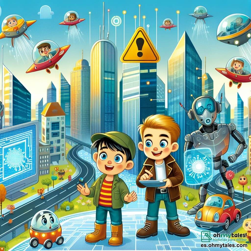 Une illustration destinée aux enfants représentant un garçon curieux et aventurier, accompagné de son meilleur ami, un garçon jovial et espiègle, enquêtant sur un virus informatique dans la ville futuriste de NeoTopia, avec ses rascacielos relucientes, ses autos voladores zumbant dans les rues et ses robots serviables aux formes futuristes.