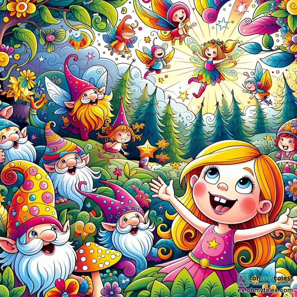 Une illustration destinée aux enfants représentant une fillette curieuse et intrépide, se retrouvant dans un royaume magique rempli de créatures loufoques, aux couleurs éclatantes, telles que des duendes joueurs et des fées rieuses, dans le magnifique et lumineux Royaume de las Risas.