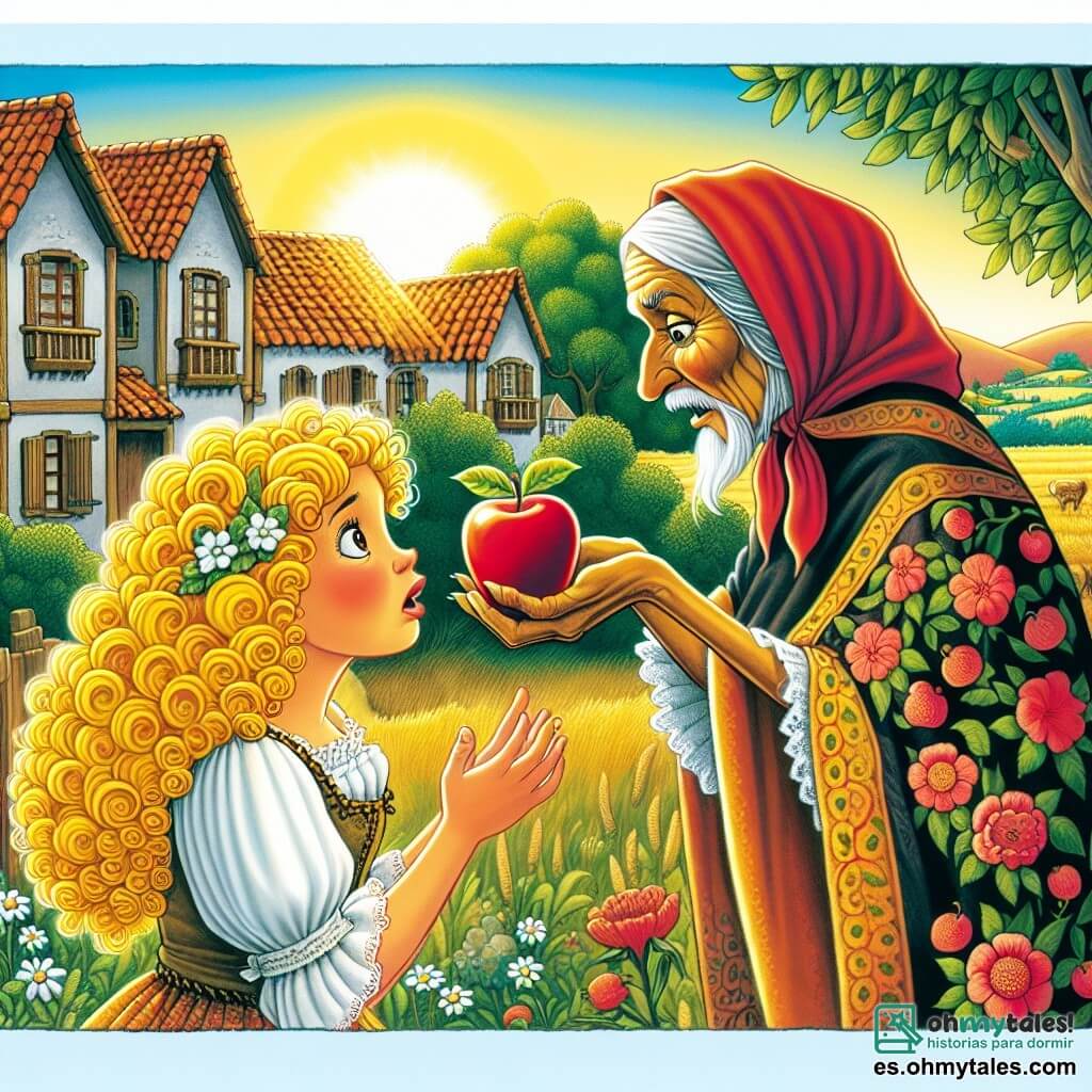 Une illustration destinée aux enfants représentant une fille aux boucles dorées, confrontée à un secret embarrassant après avoir reçu une mystérieuse manzana d'une gentille vieille dame, dans un village pittoresque avec des maisons aux tejas rojas et des champs de fleurs sauvages.