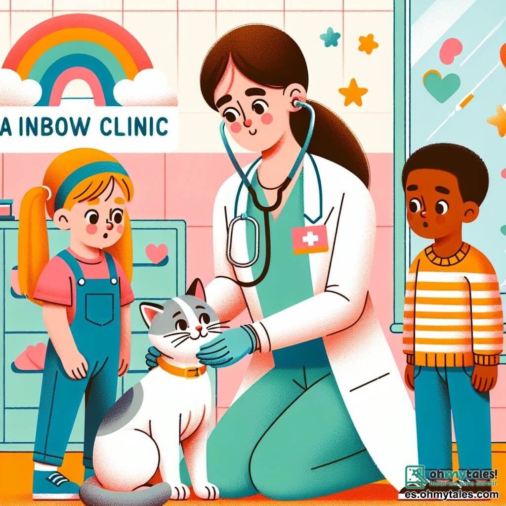 Une illustration destinée aux enfants représentant une vétérinaire femme attentionnée s'occupant d'un chat blessé, accompagnée de deux enfants curieux, une fille et un garçon, dans une clinique colorée et accueillante appelée "Clinique Arc-en-Ciel".