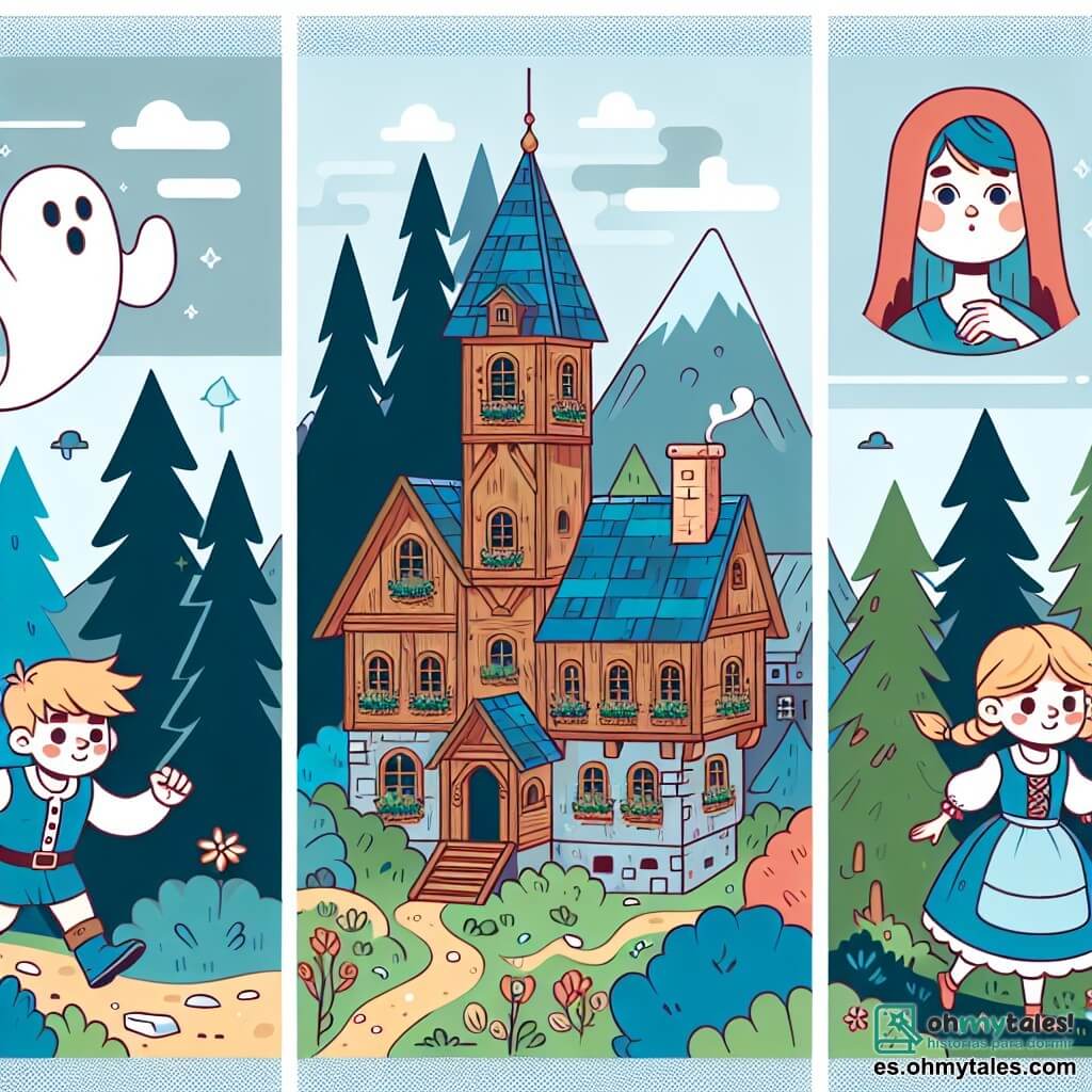 Une illustration destinée aux enfants représentant un fantôme garçon, une fille courageuse et curieuse, une maison ancienne et mystérieuse cachée entre les arbres d'un petit village entouré de montagnes et de forêts.