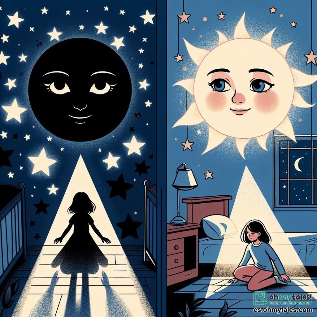 Une illustration destinée aux enfants représentant une fillette confrontée à sa peur du noir dans sa chambre remplie d'ombres, accompagnée de Luna, une étoile brillante et bienveillante, dans un ciel nocturne étoilé.