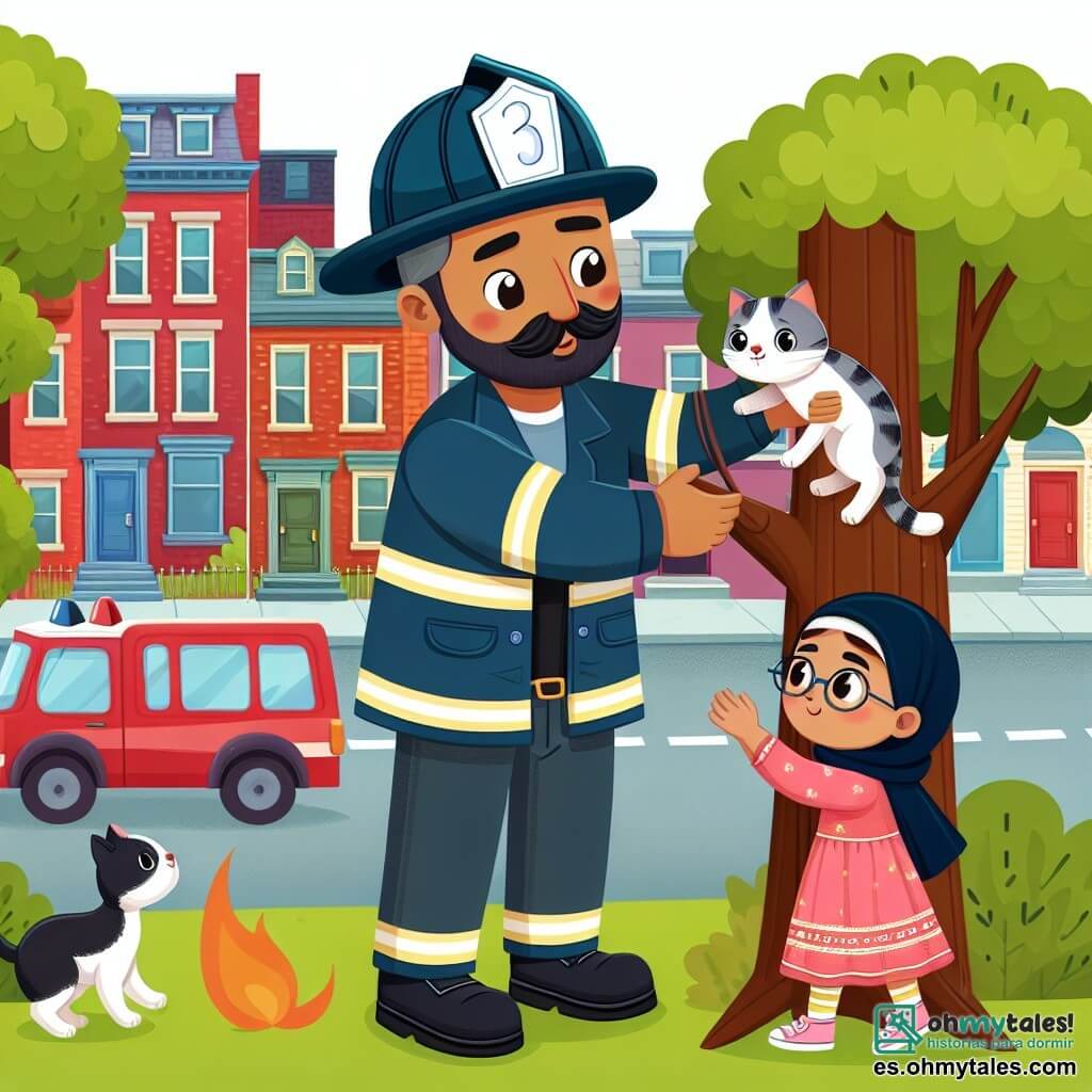 Une illustration destinée aux enfants représentant un homme courageux en uniforme de pompier, sauvant un chaton coincé dans un arbre avec l'aide d'une petite fille, au milieu d'un quartier coloré et animé de maisons en briques rouges et de rues bordées d'arbres verdoyants.
