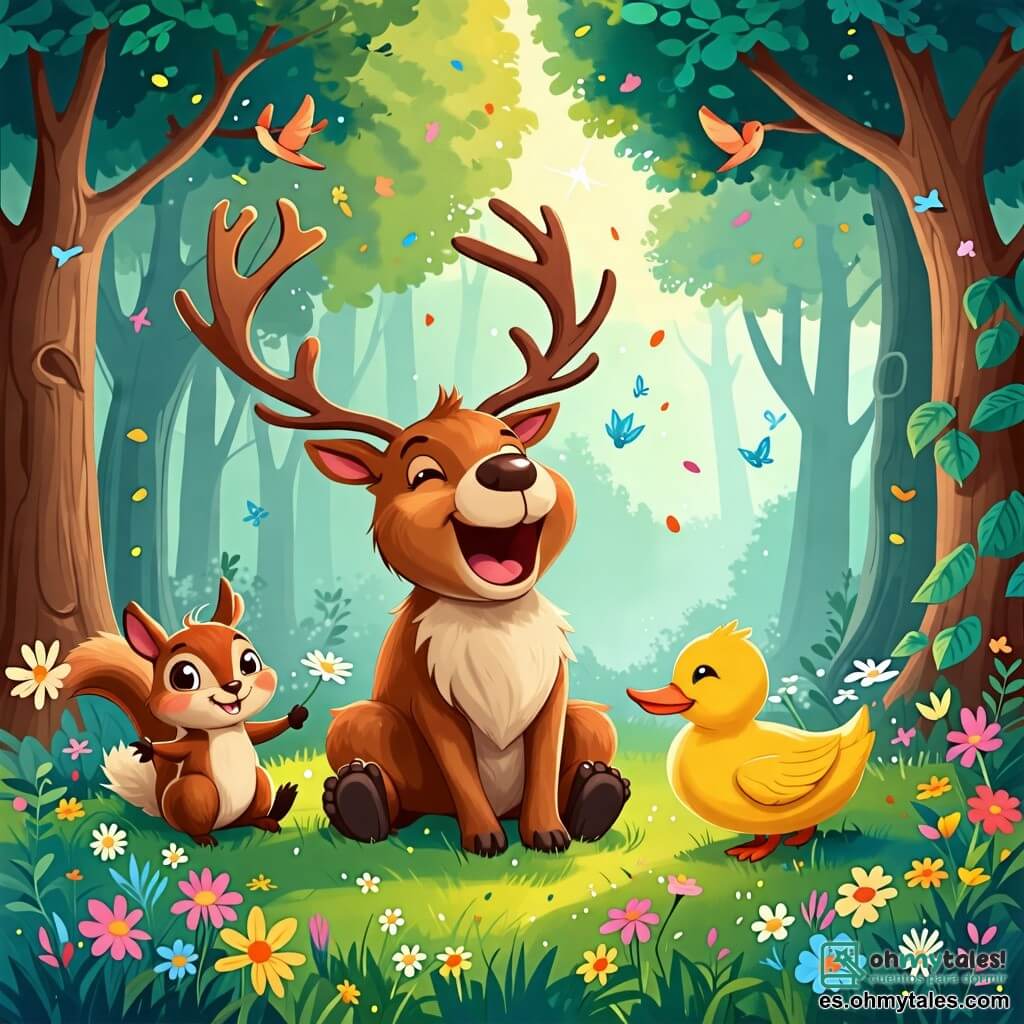Une illustration sous forme de dessin destinée aux enfants représentant un magnifique paysage de forêt verdoyante avec des arbres majestueux et des fleurs colorées, où un renne aux grands yeux pétillants et aux bois élégants, assis sur le sol, rit joyeusement après avoir glissé sur l'herbe, tandis qu'une petite ardille au pelage brun et un canard aux plumes jaunes, tous deux riant, l'observent avec amusement, créant une scène pleine de camaraderie et de bonheur.