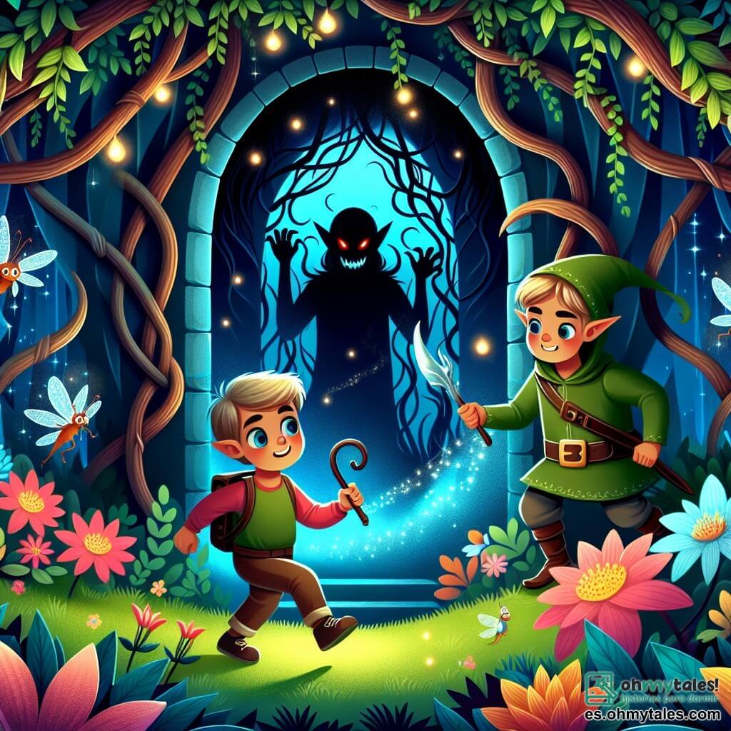 Une illustration destinée aux enfants représentant un(e) elfe intrépide explorant un mystérieux laberinto de sombras aux enredaderas retorses, accompagné(e) d'un malicieux elfe gardien, dans le vif et coloré bosque encantado rempli de fleurs magiques et de luciérnagas brillantes.