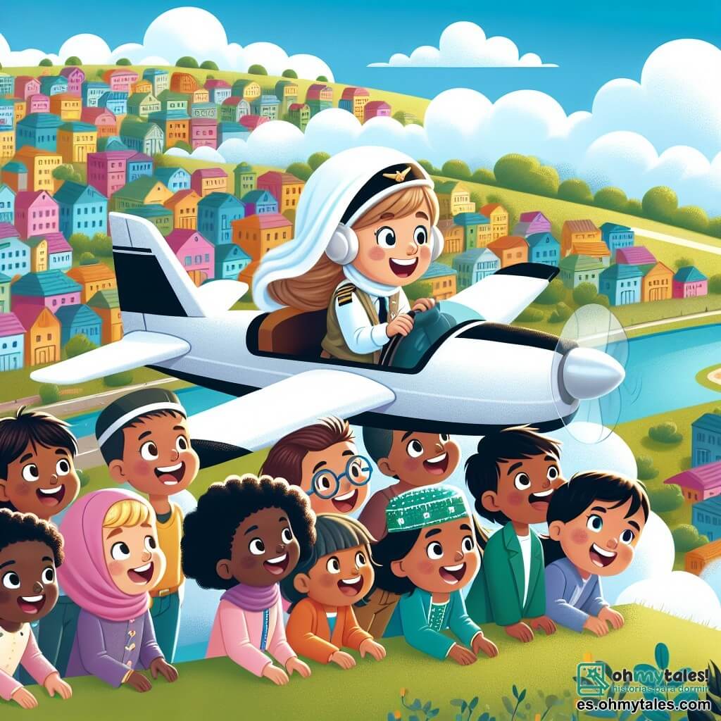 Une illustration destinée aux enfants représentant une pilote d'avion intrépide, partageant une aventure aérienne joyeuse avec un groupe d'enfants curieux, dans la ville animée d'Alborada, où les maisons colorées et les arbres verdoyants se fondent avec les nuages cotonneux dans le ciel bleu.