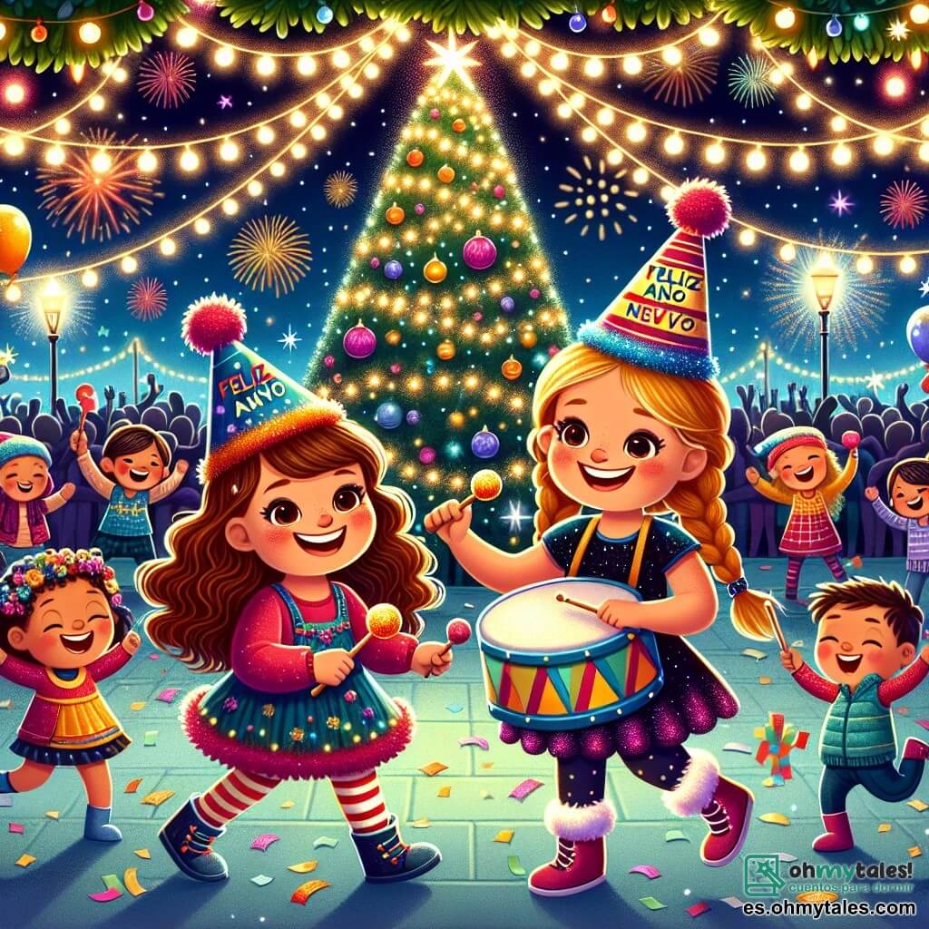 Ilustración que representa una escena festiva en un parque iluminado por guirnaldas de luces brillantes. En el centro, un gran árbol de Navidad está decorado con bolas de colores y papeles brillantes colgados de sus ramas, creando una atmósfera mágica. Dos niñas, una de aproximadamente 11 años con cabello castaño ondulado y una gran sonrisa, lleva un sombrero de fiesta colorido con la inscripción "Feliz Año Nuevo". A su lado, su mejor amiga, también de 11 años, tiene el cabello rubio trenzado y unos ojos chispeantes de emoción, sosteniendo un tambor mientras juega alegremente. Están rodeadas de niños que bailan y ríen, mientras fuegos artificiales estallan en el cielo nocturno, iluminando sus rostros maravillados. Papeles de deseos coloridos flotan a su alrededor, simbolizando los anhelos para el nuevo año. La atmósfera es alegre y llena de vida, capturando el espíritu de la fiesta de Año Nuevo.