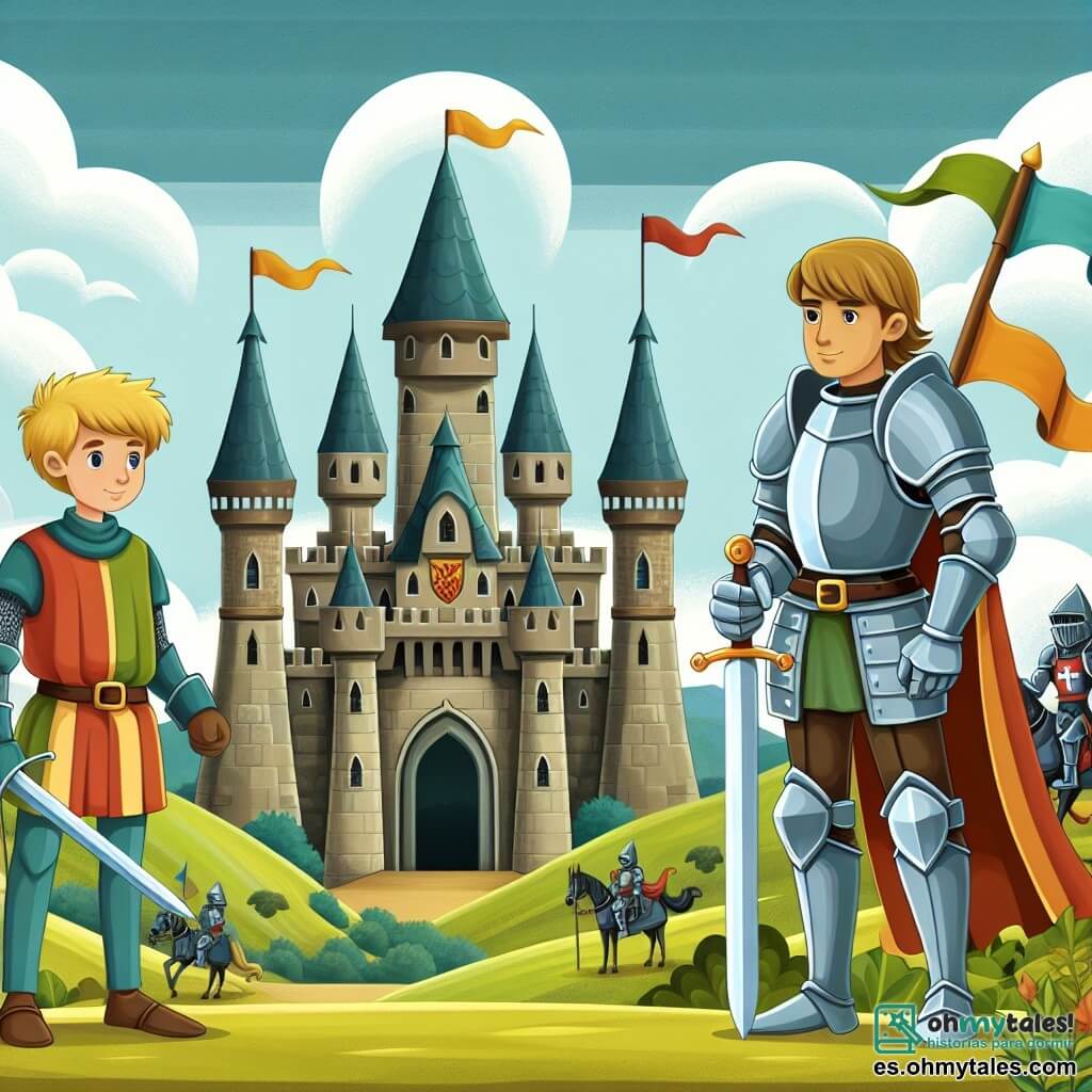Une illustration destinée aux enfants représentant un courageux chevalier, prêt à affronter une armée ennemie pour protéger son royaume, accompagné de son fidèle écuyer, dans un château majestueux aux tours hautes et aux remparts ornés de bannières colorées, situé au sommet d'une colline verdoyante surplombant une vaste plaine.