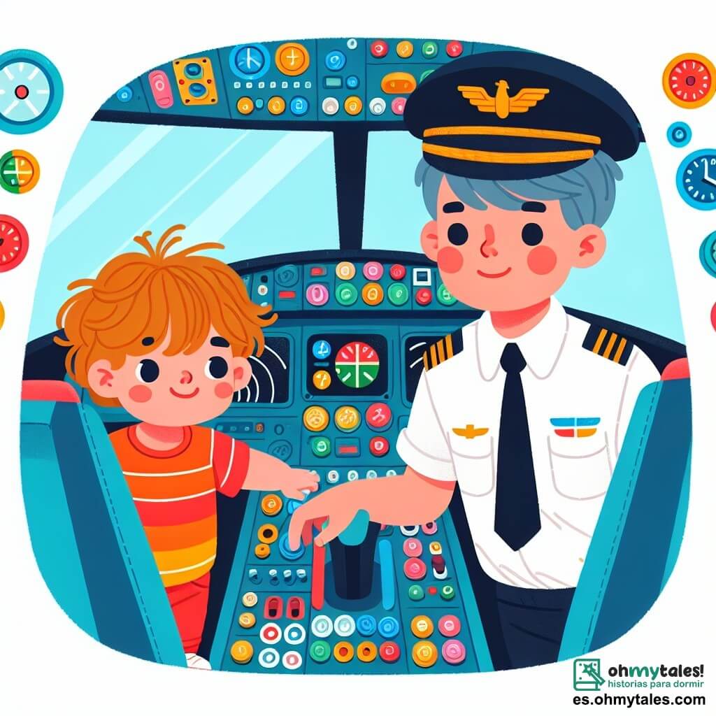 Une illustration destinée aux enfants représentant un pilote d'avion, un garçon curieux de quatre ans, son père pilote, et la cabine colorée et lumineuse d'un avion, remplie de boutons et de leviers.