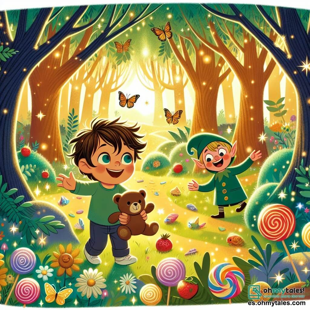 Ilustración que representa un magnífico bosque encantado, donde los árboles son altos y majestuosos, y sus hojas brillan con una luz dorada. Flores coloridas crecen por todas partes, y mariposas de alas brillantes danzan en el aire. En el centro de la escena, un niño de 1 año, con cabello castaño desordenado y una sonrisa radiante, sostiene un oso de peluche marrón en sus brazos. Mira a su alrededor con asombro, sus ojos brillando de curiosidad. A su lado, un pequeño duende verde, de aproximadamente 5 años, con orejas puntiagudas y un sombrero en forma de cono, levanta los brazos al aire, expresando su alegría. La situación principal muestra al niño y al duende buscando juntos un gorro mágico perdido, rodeados de suave luz y una atmósfera mágica. Caramelos coloridos y frutas brillantes flotan a su alrededor, añadiendo un toque de fantasía a esta escena de aventura.