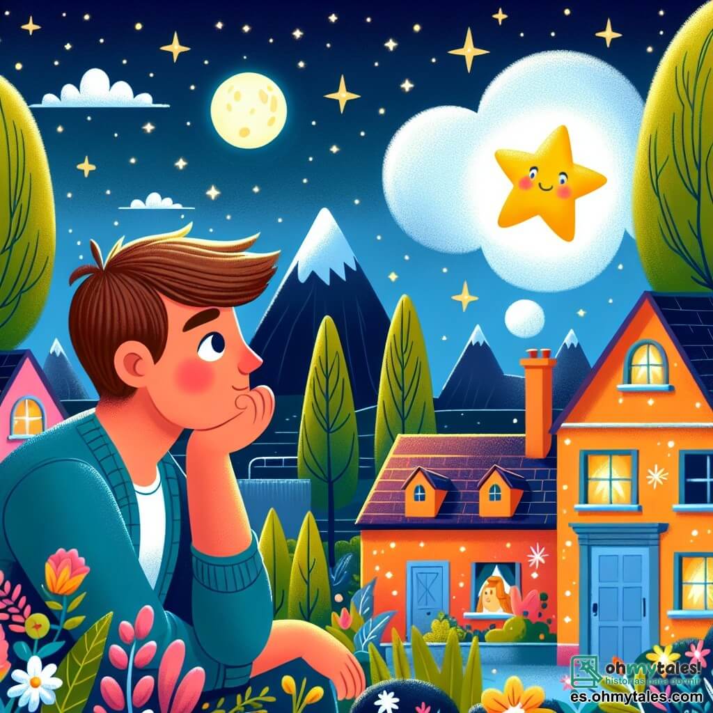 Une illustration destinée aux enfants représentant un homme rêveur observant le ciel étoilé depuis son jardin, accompagné d'une étoile brillante comme personnage secondaire, dans un petit village entouré de montagnes aux maisons colorées et aux jardins fleuris.